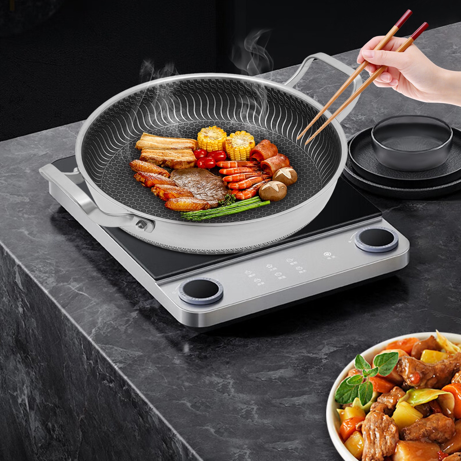 Frying Pan W/Lid Non Stick 316 Stainless Steel Skillets Induction Oven