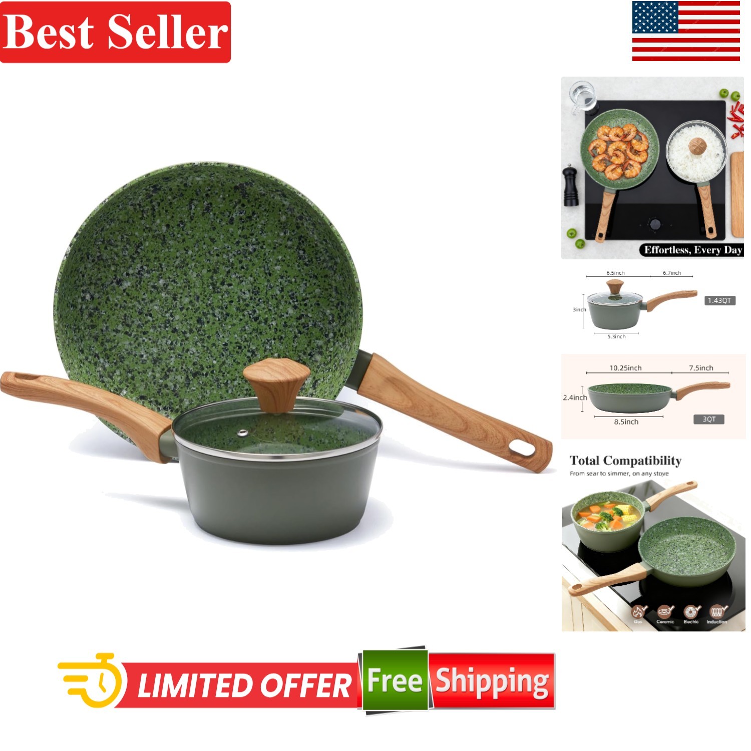 Nonstick Cookware Set 10.25 Inch Frying Pan & 1.43QT Saucepan Compatible With…
