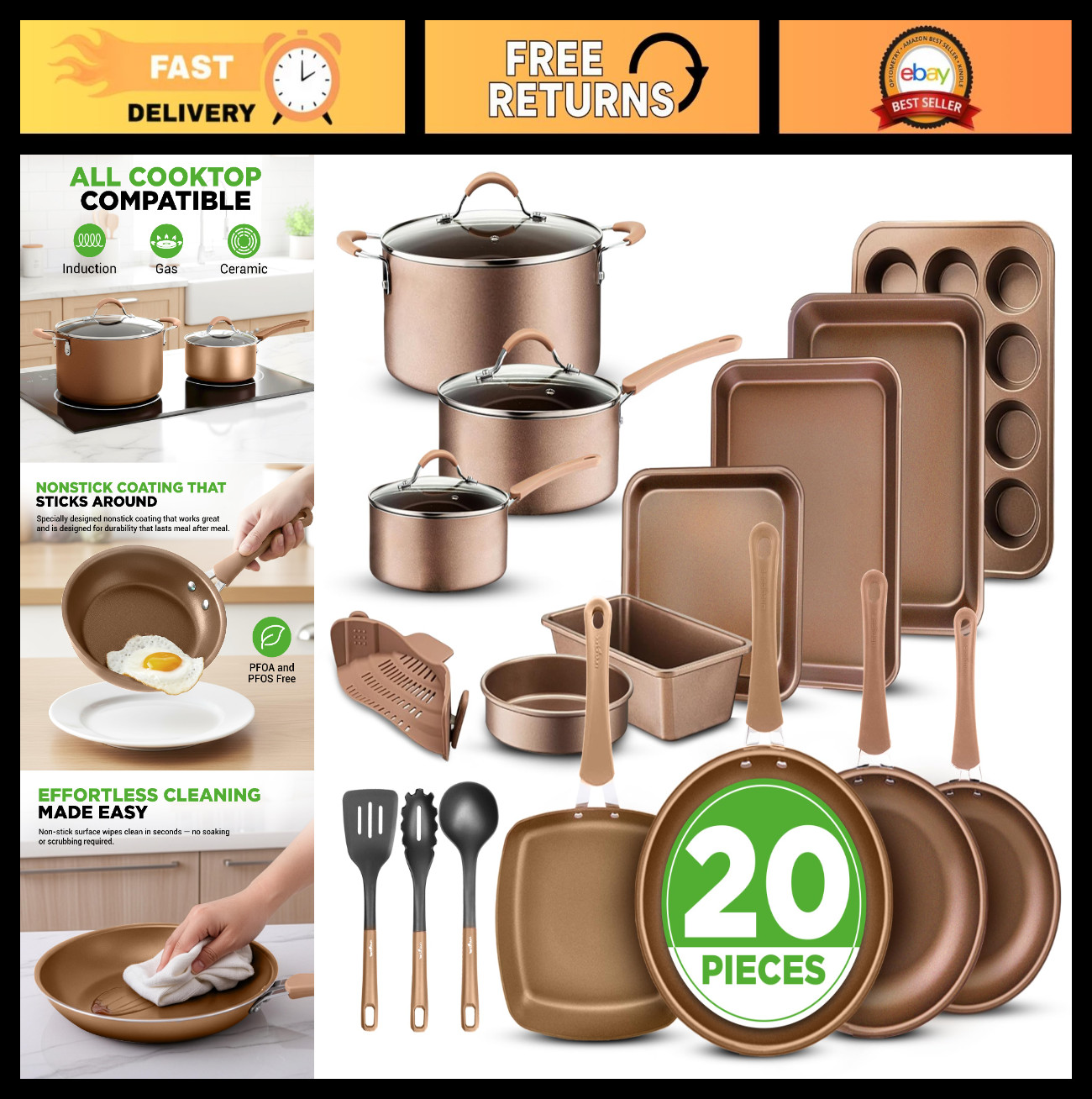 20-Piece Non-Stick Cookware & Bakeware Set – Pots, Pans, Cool-Touch Handles, Saf