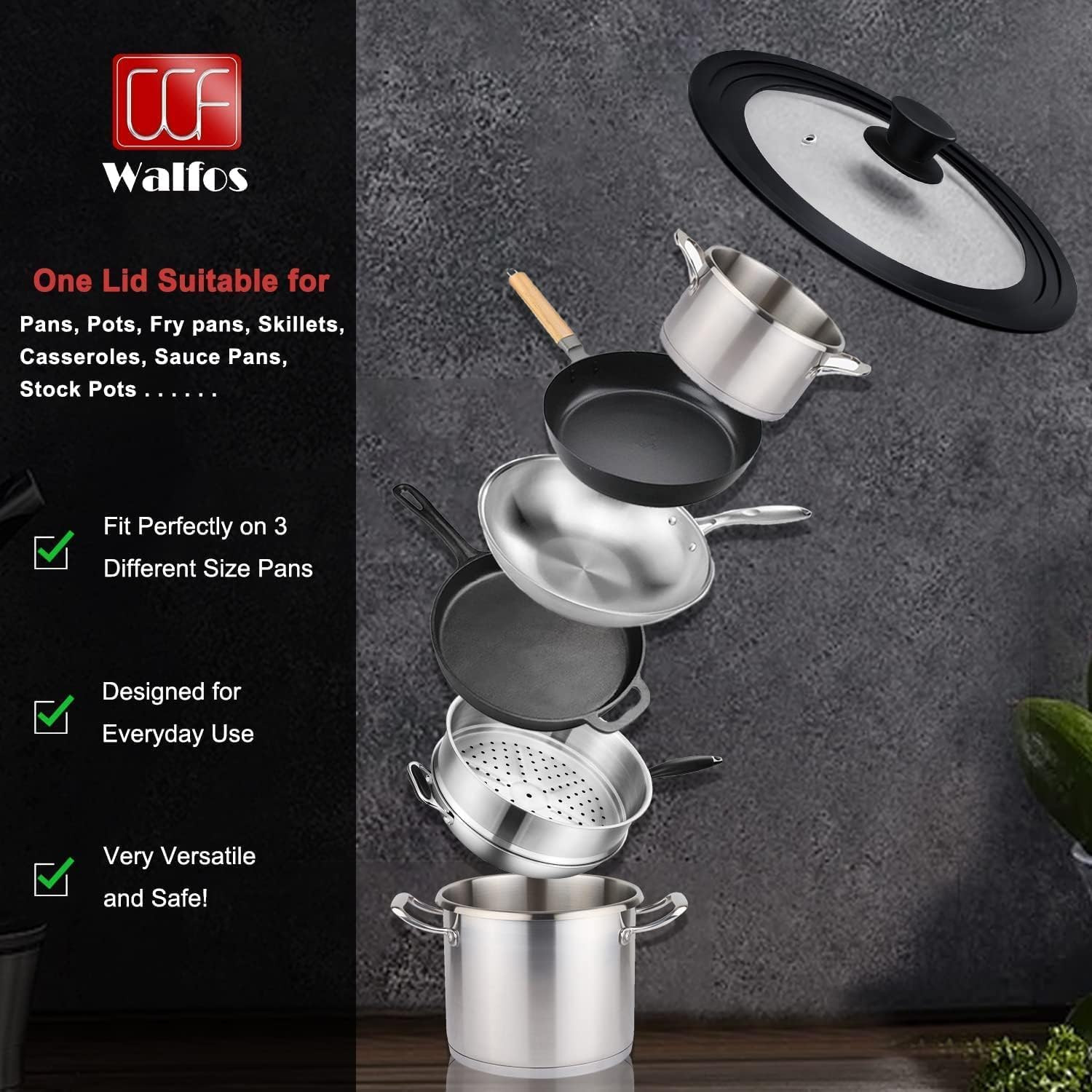 Universal Lid for Pots, Pans and Skillets Fits 10.5″, 11.5″ and 12″ Diameter