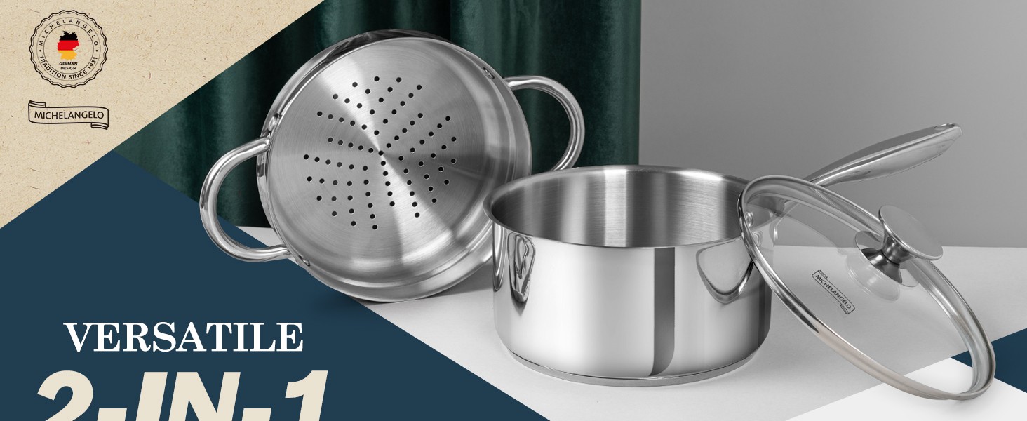 3 Quart Saucepan with Lid & Steamer, Stainless Steel Sauce Pan with Triply