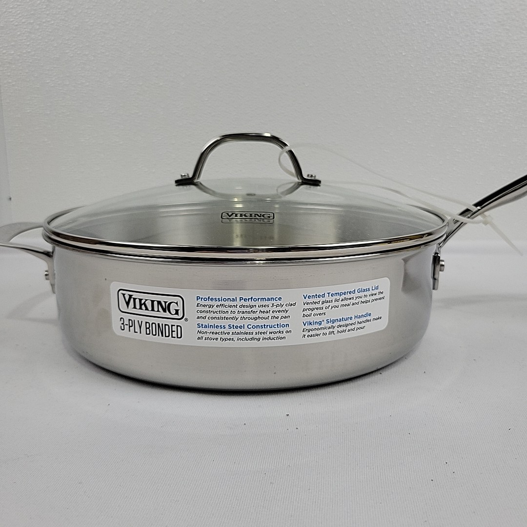 Viking 3-Ply Stainless Steel Saute Pan Mirror Finish With Glass Lid 5.25 Qt NWT
