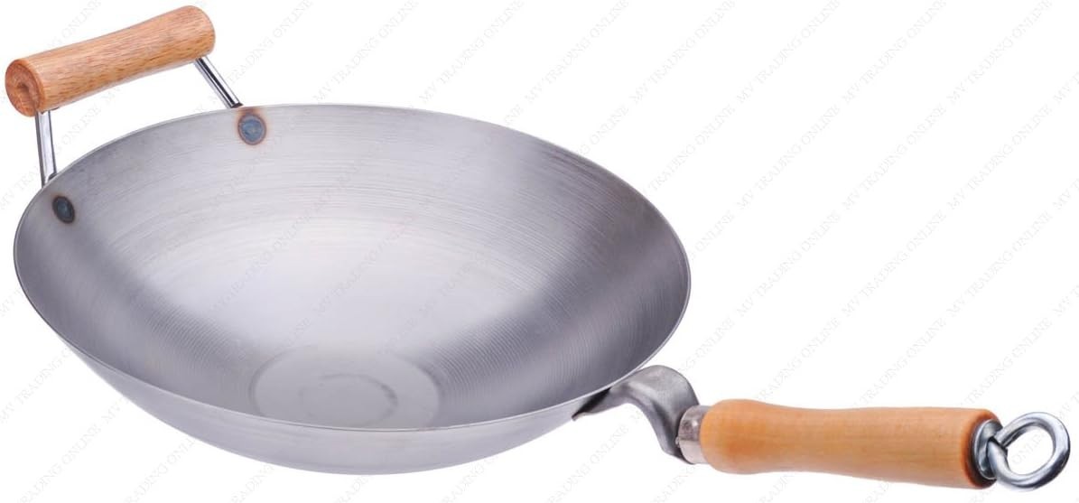 Carbon Steel Wok with Helper Handle (Round Bottom), 14 Gauge Thickness, USA Made