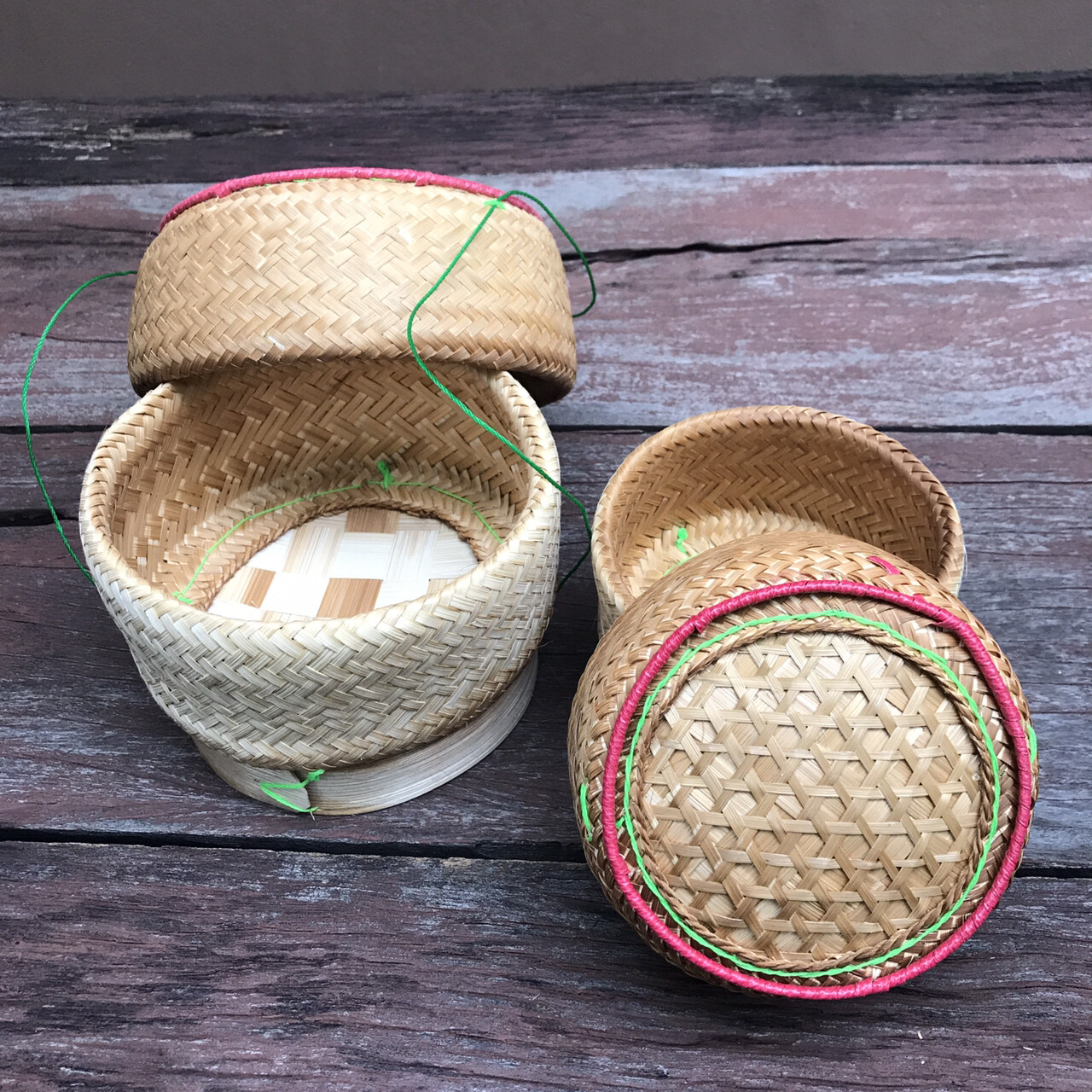 Vintage Thai Handicraft Kratip Sticky Rice Serving Natural Brown Bamboo Basket