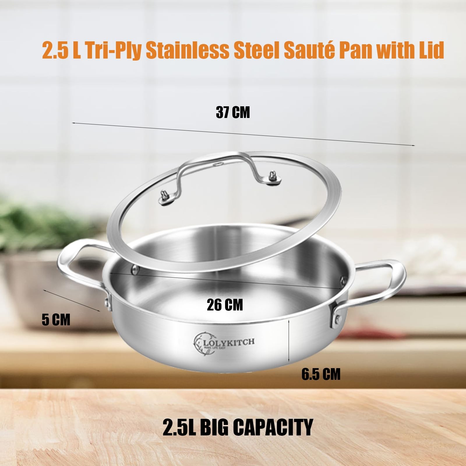 LOLYKITCH 3 Quarts Tri-Ply Stainless Steel Sauté Pan wih Lid,10 Inch Induction C