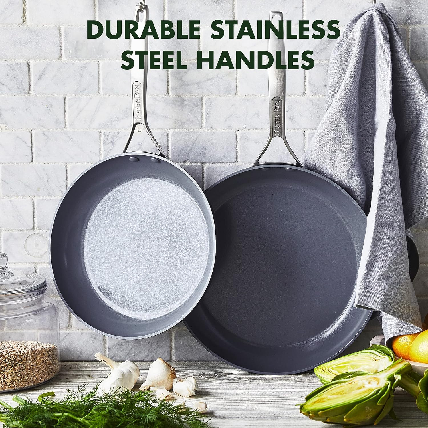 Healthy Nonstick Ceramic Frying Pan Set, 10″ & 12″, PFAS-Free, Grey