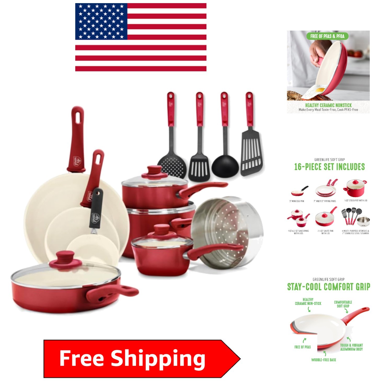 16-Piece Nonstick Ceramic Cookware Set – Safe, Stylish, and Versatile, Red