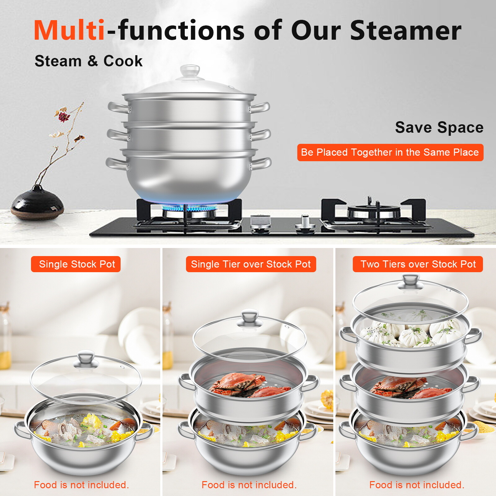 3Tier Steamer Cooker Steam Pot Food Veg Cooking Stainless Steel Kitchen Cookware
