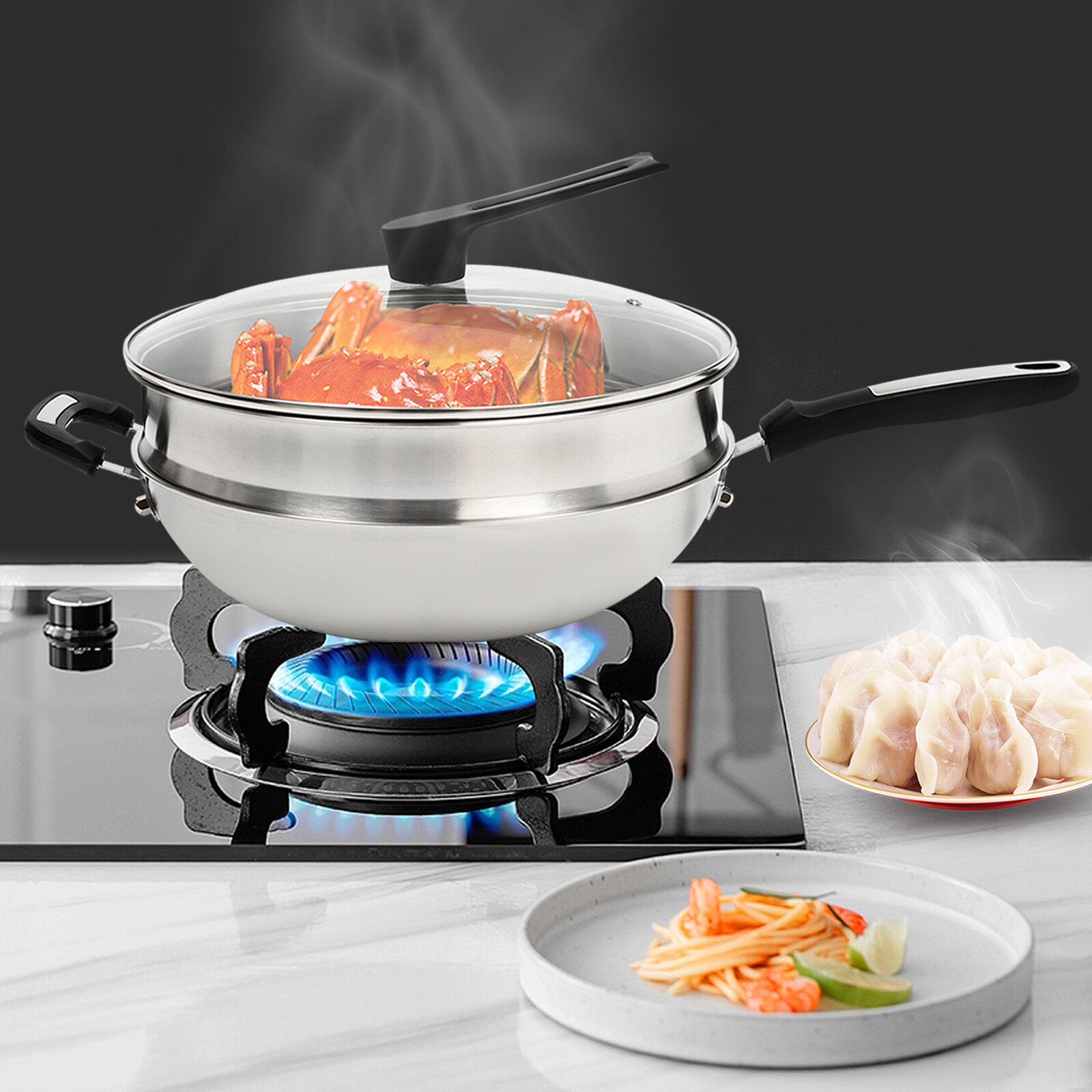 Nonstick Cooking Honeycomb Wok Pan w/Lid Steamer Pot Gas Cooktop Stainless Steel