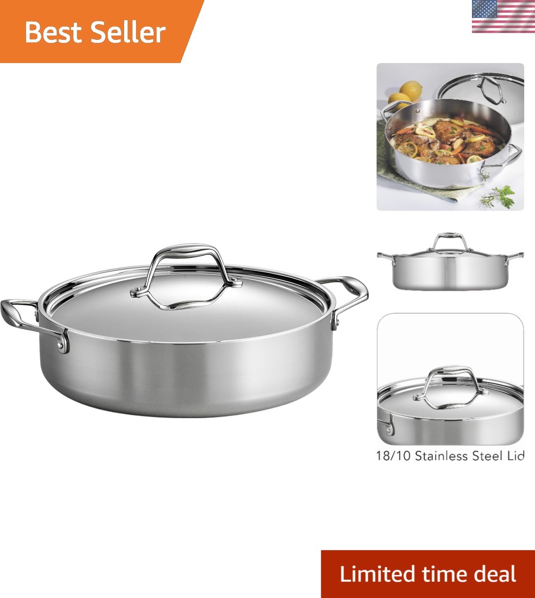 Professional Grade 6-Quart Stainless Steel Braiser Pan with Lid – Made in Brazil