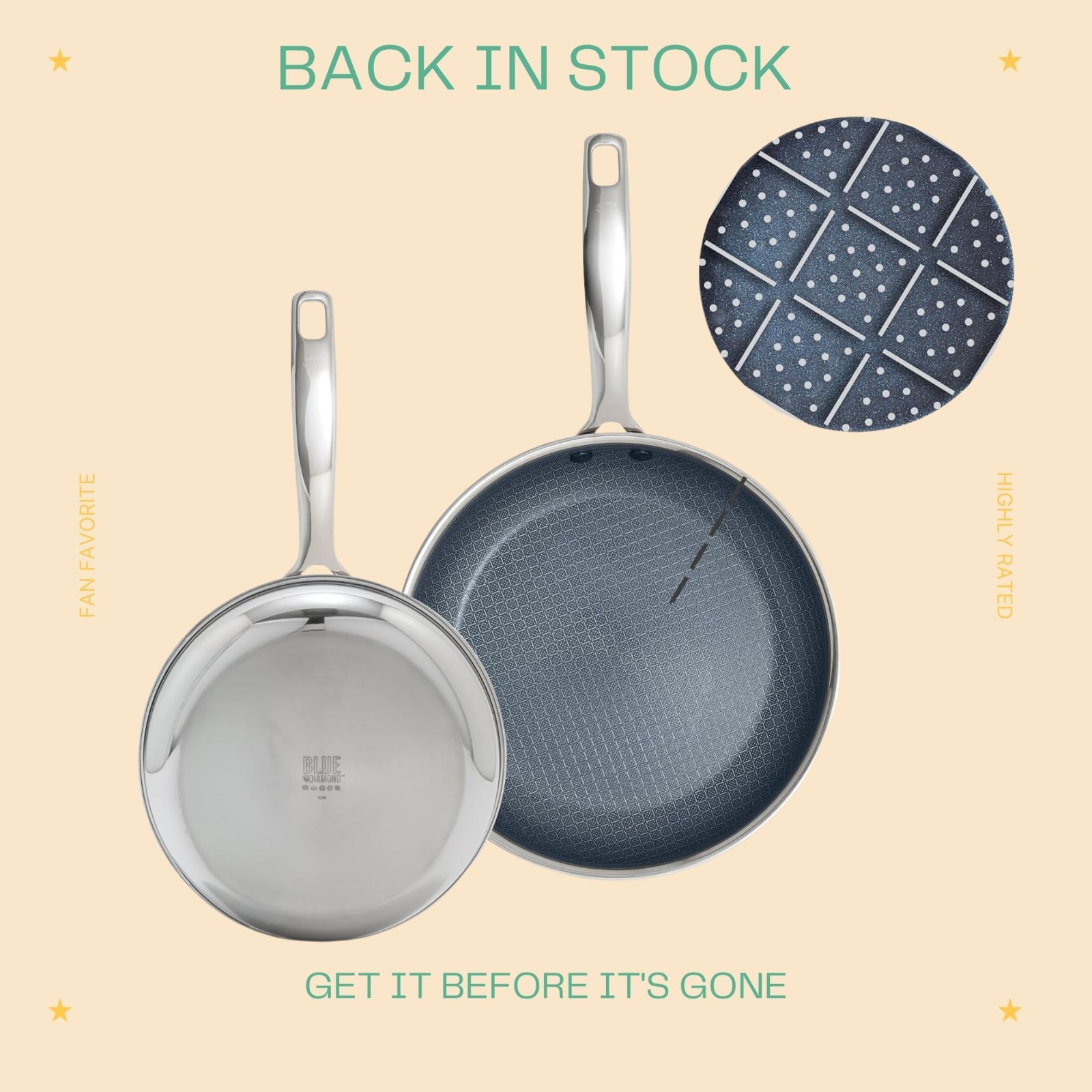 Hybrid Nonstick Stainless Steel 8in & 10in Frying Pan Skillet Set PFAS-Free Cera