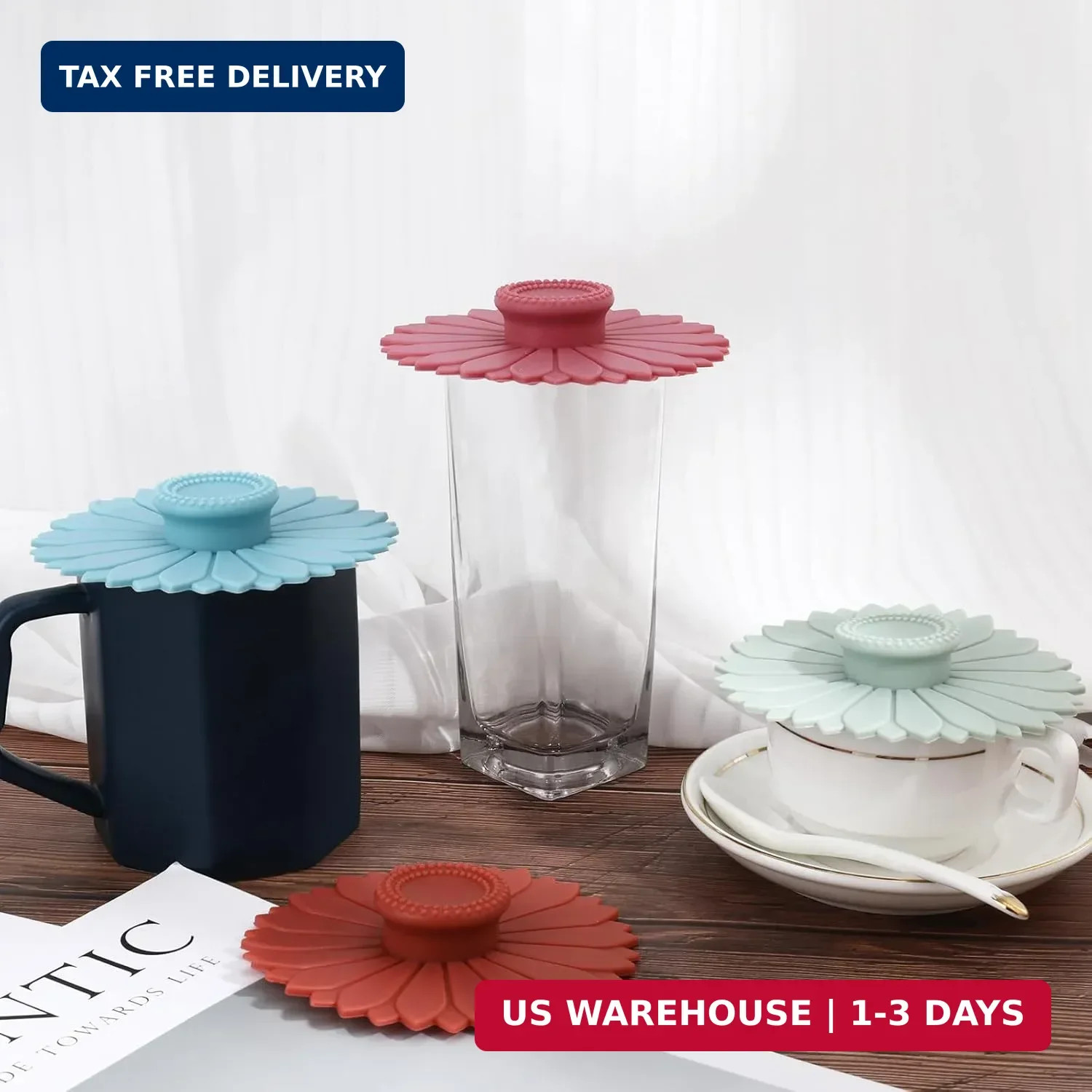 4 Pcs Sunflower Silicone Stretch Lids Multicolored for Mugs, Cups, Bowls, Glass
