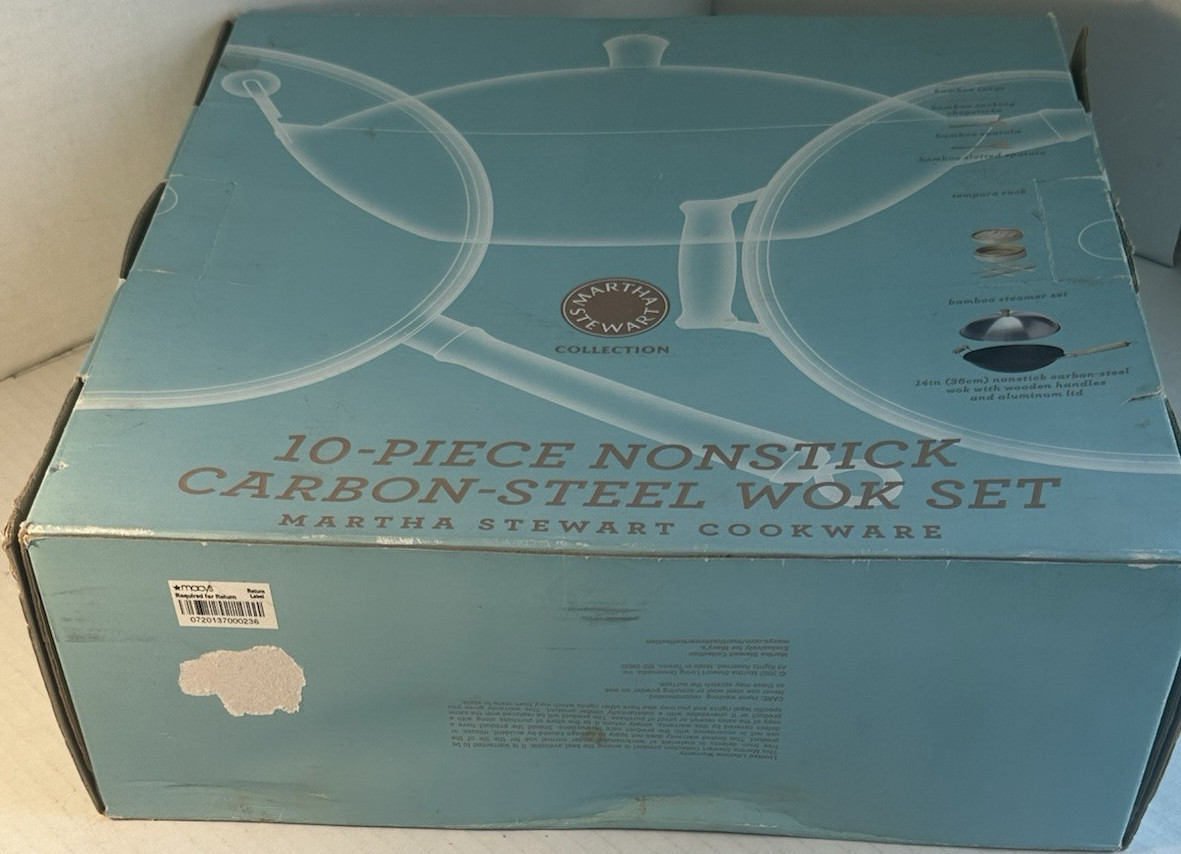 Martha Stewart Collection 14in Carbon Steel Nonstick Wok Set Lid Tools Gas