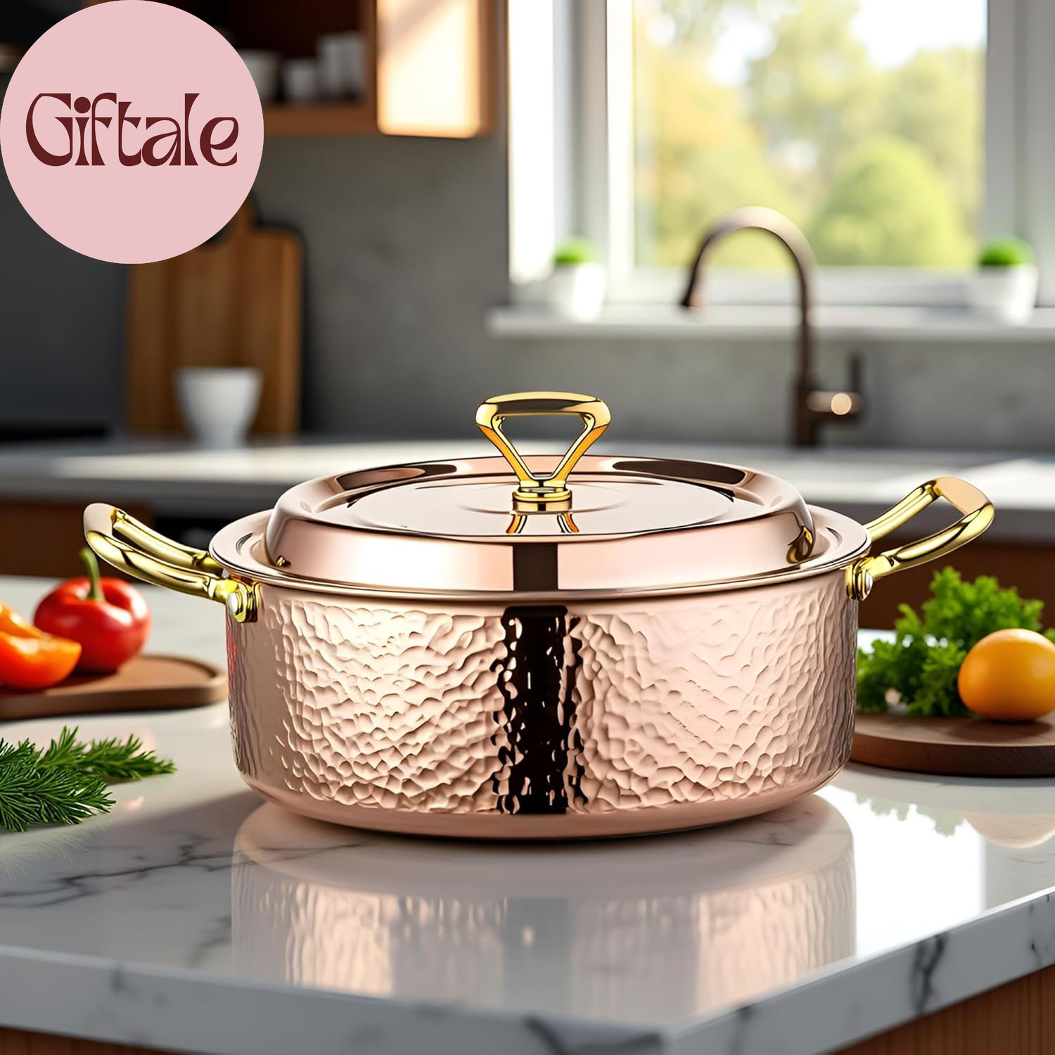 4.2QT Hammered Stock Pot with Lid, Copper Rose Gold, Tri-Ply Stainless Steel, Mu
