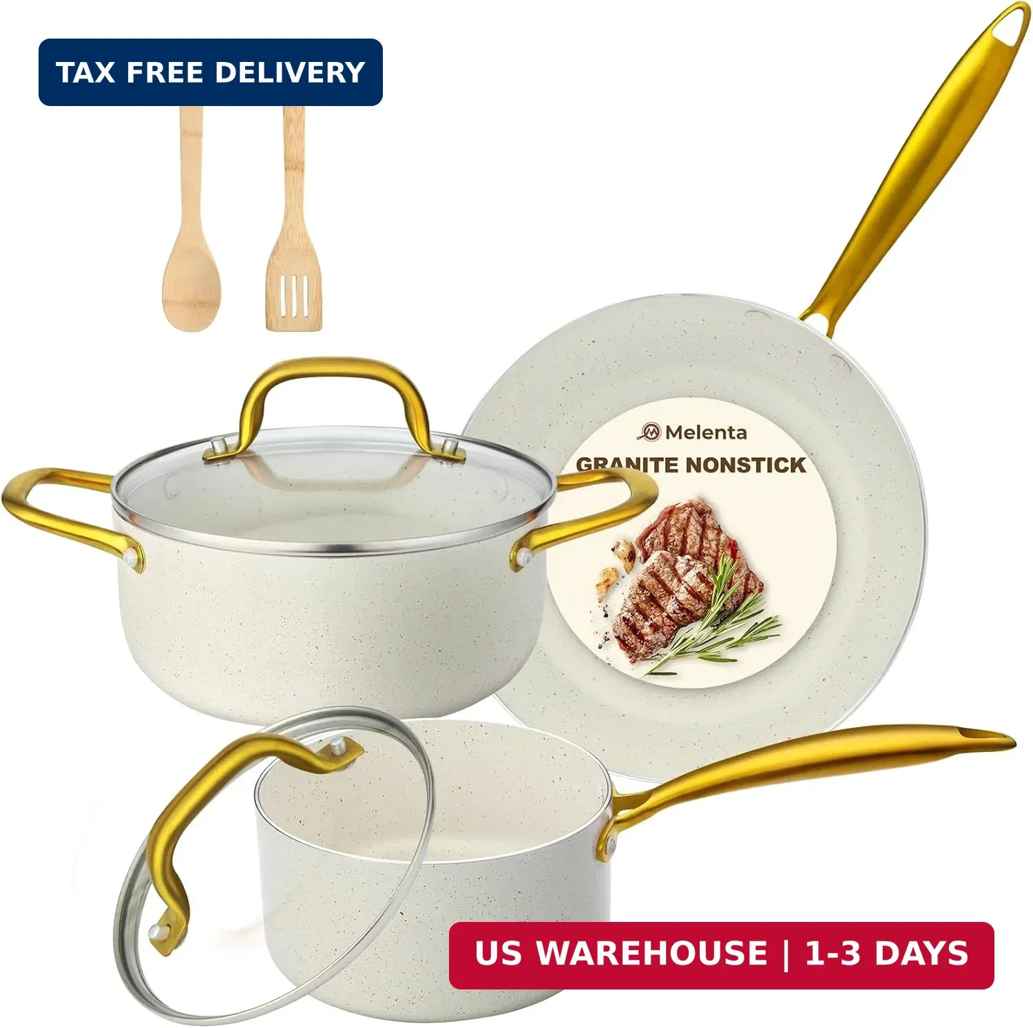 M MELENTA Pots and Pans Set Non Stick, 7 Piece White Granite Induction Cookware