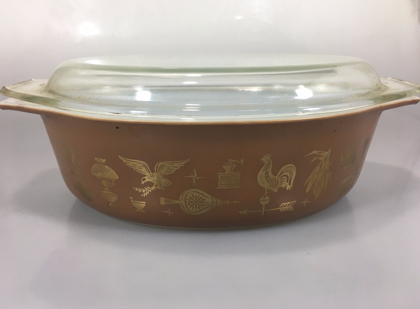 Pyrex Early American Gold Brown 045 2.5 Qt Cinderella Casserole Bowl Glass Lid
