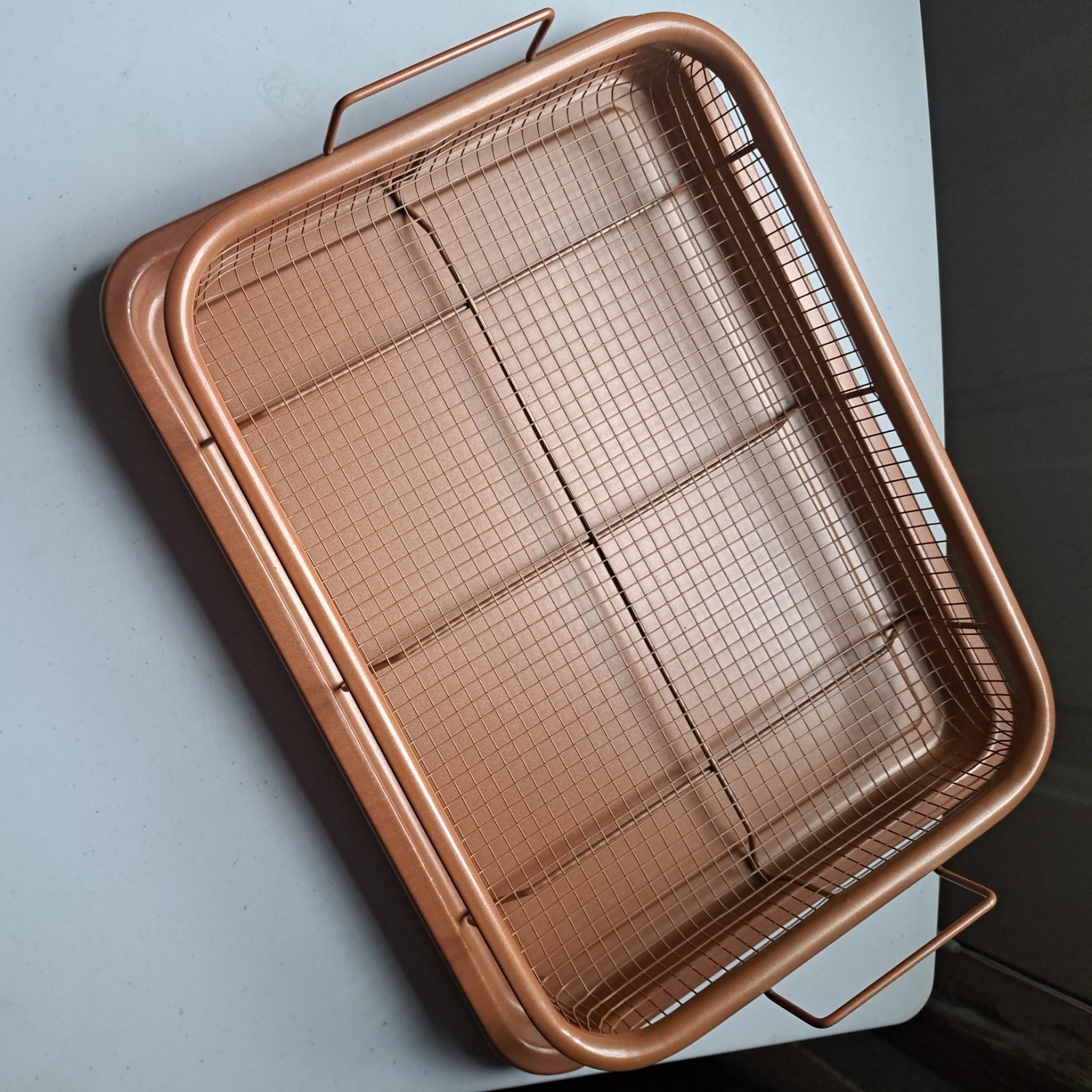 COPPER CHEF CRISPER Non-Stick 2-pc Oven Air Fry Pan Basket with Handles & Tray
