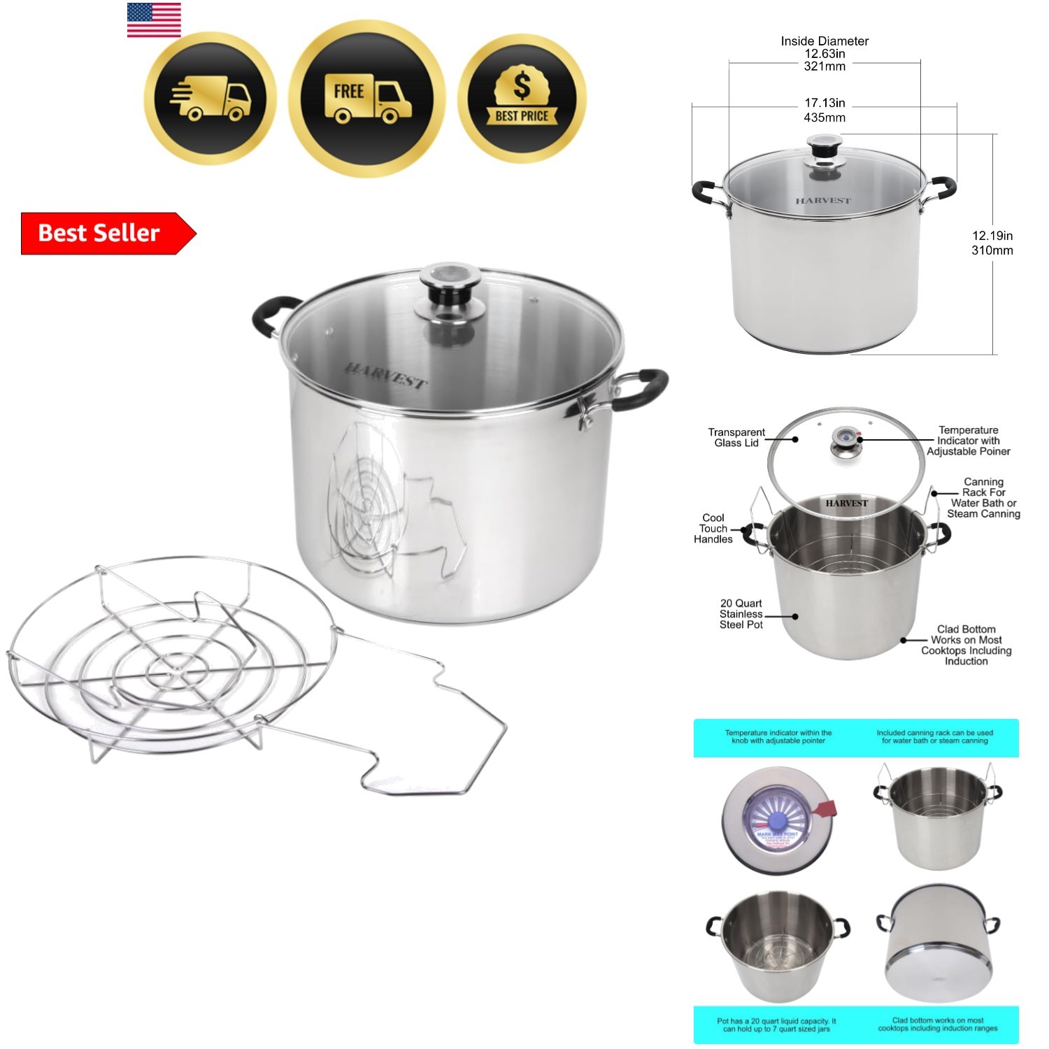 Harvest Stainless Steel 20 Qt Canning Pot with Rack | Water Bath or Steam Can…