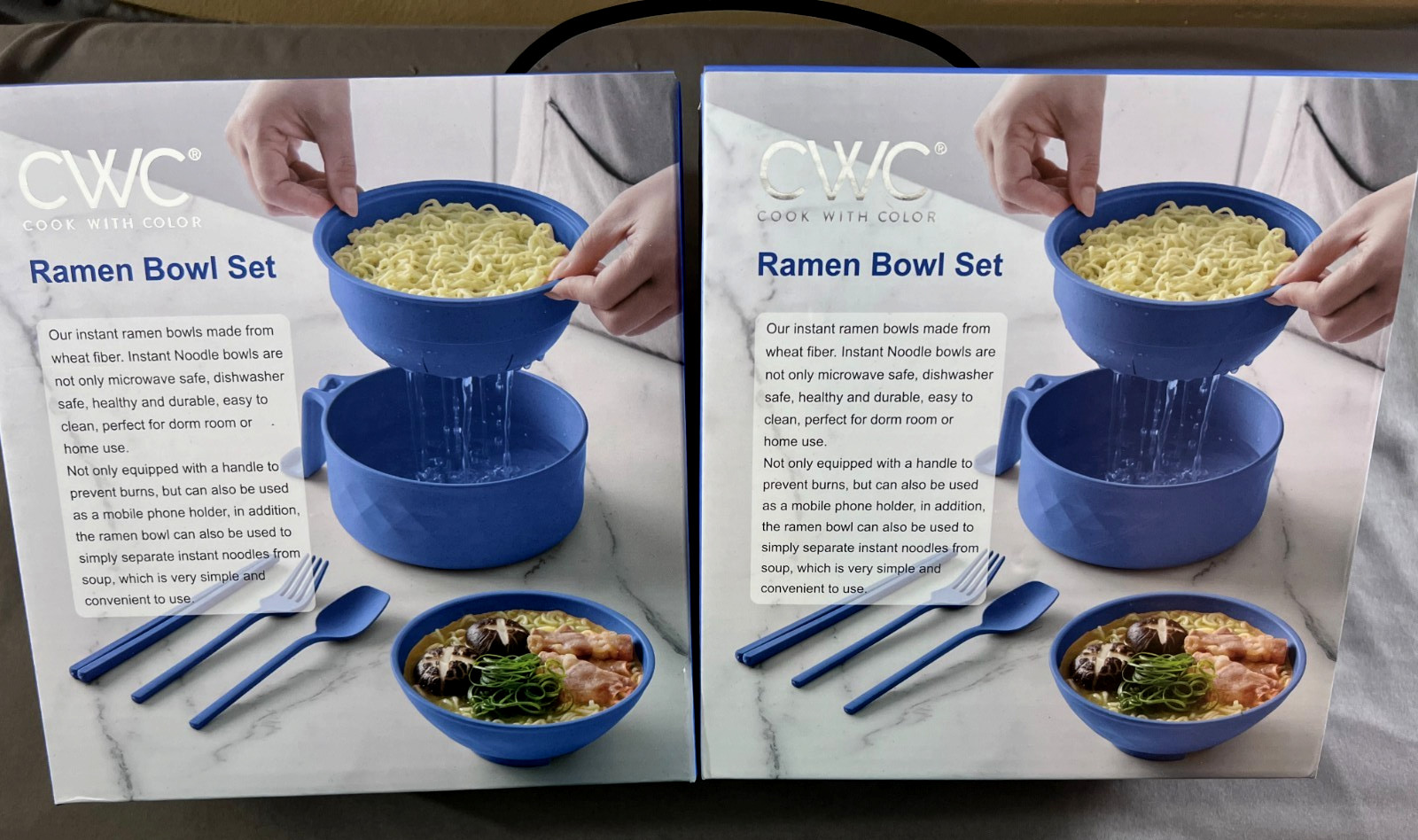 CWC Ramen Bowl Set Blue Wheat Fiber w/handles and utensils, NIB. (have 2)