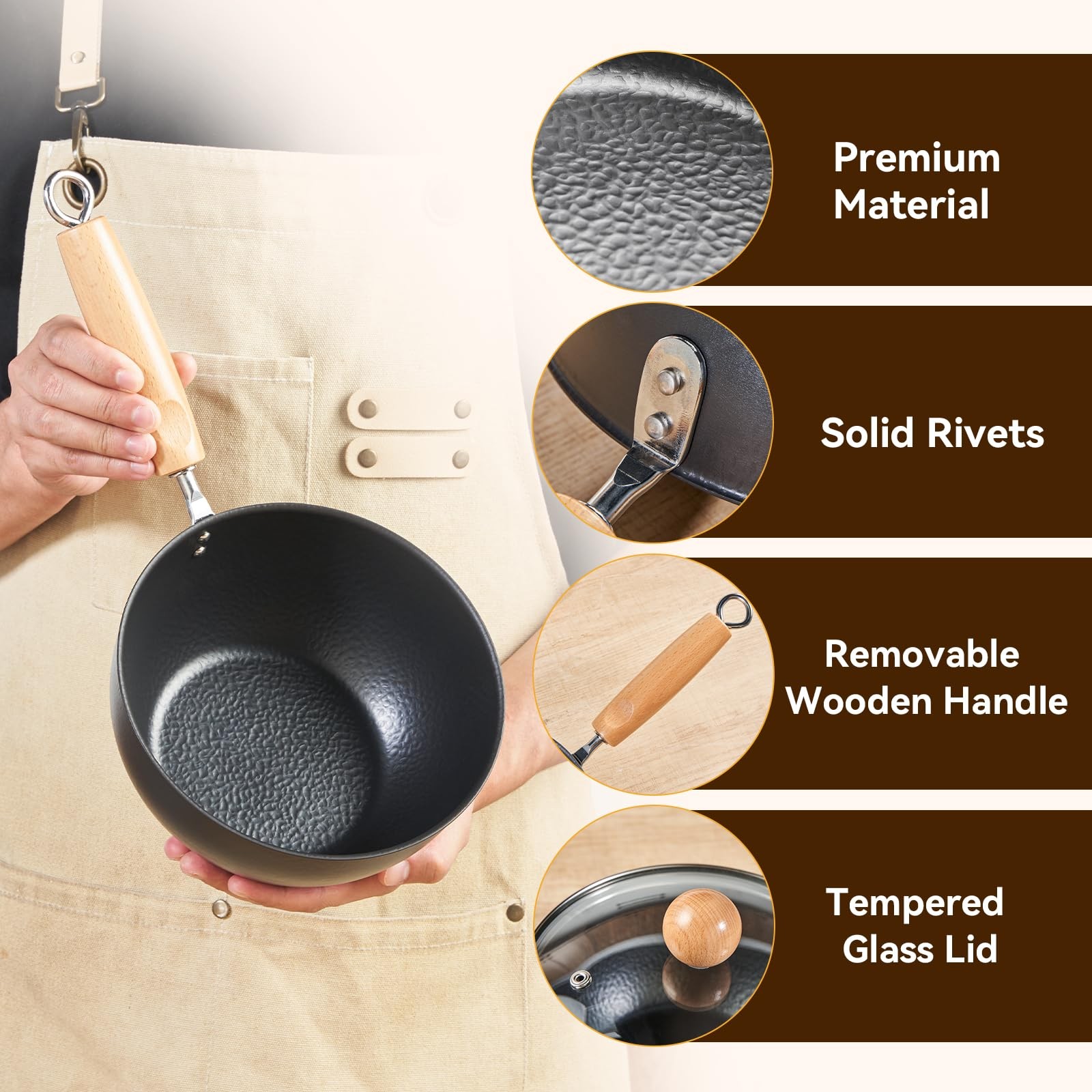 1.5QT Hammered Iron Saucepan With Lid Ramen Milk Pot Wood Handle Camping