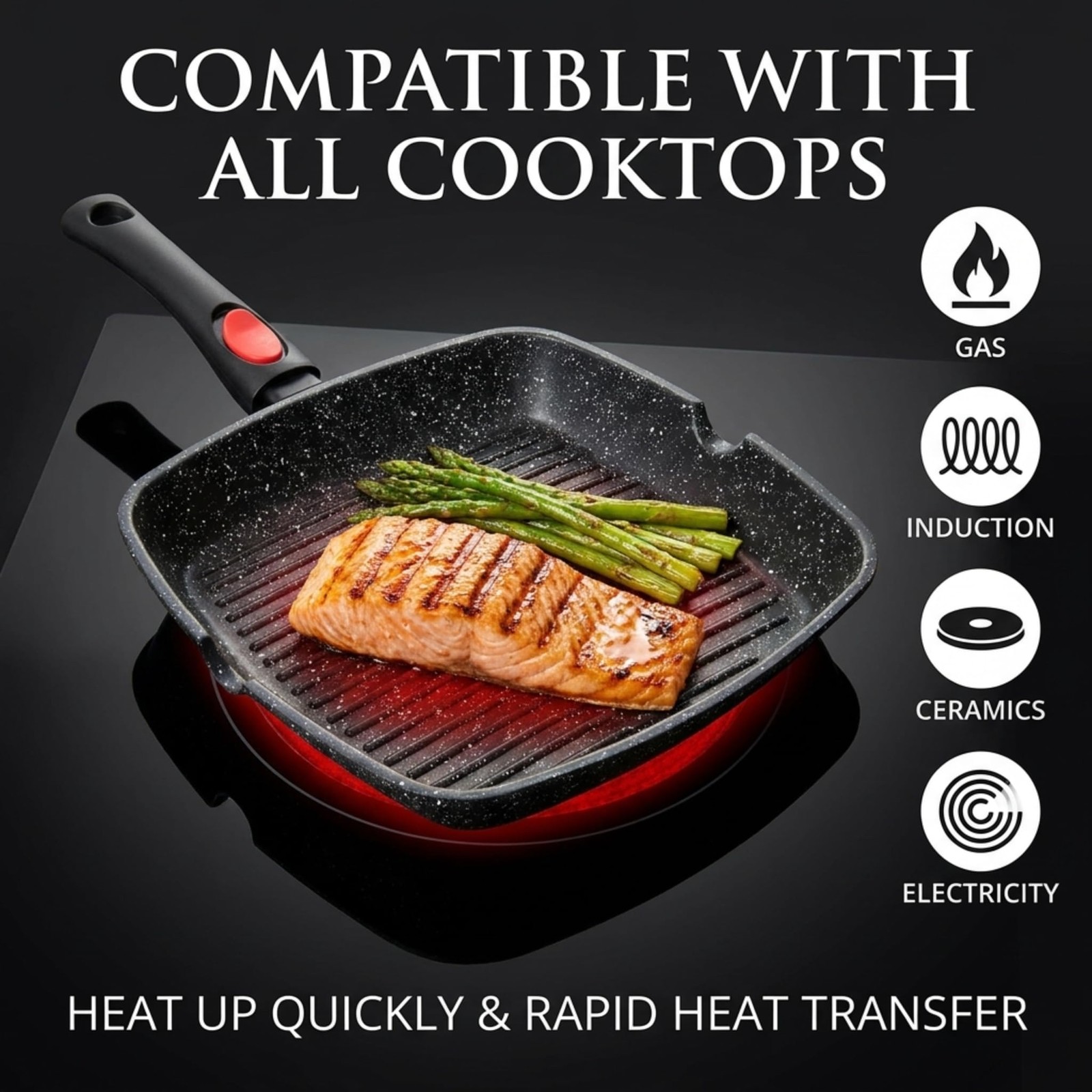 Square Nonstick Indoor Grill Pan Removable Handle Aluminum Griddle Skillet