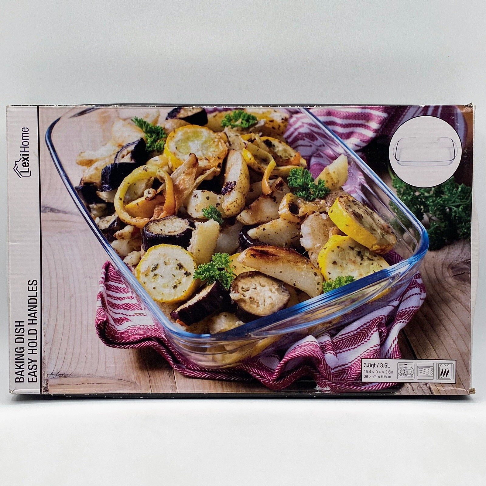 LexiHome Glass Casserole Baking Dish 3.8qt 3.6L Easy Hold Handles 15.4×9.4×2.6″
