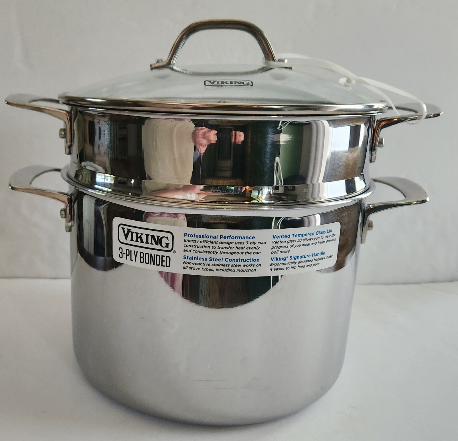 Viking 3-Ply Stainless Steel Stock Pasta Pot, Glass Lid 8 Qt/7.5L 9” D -NEW-