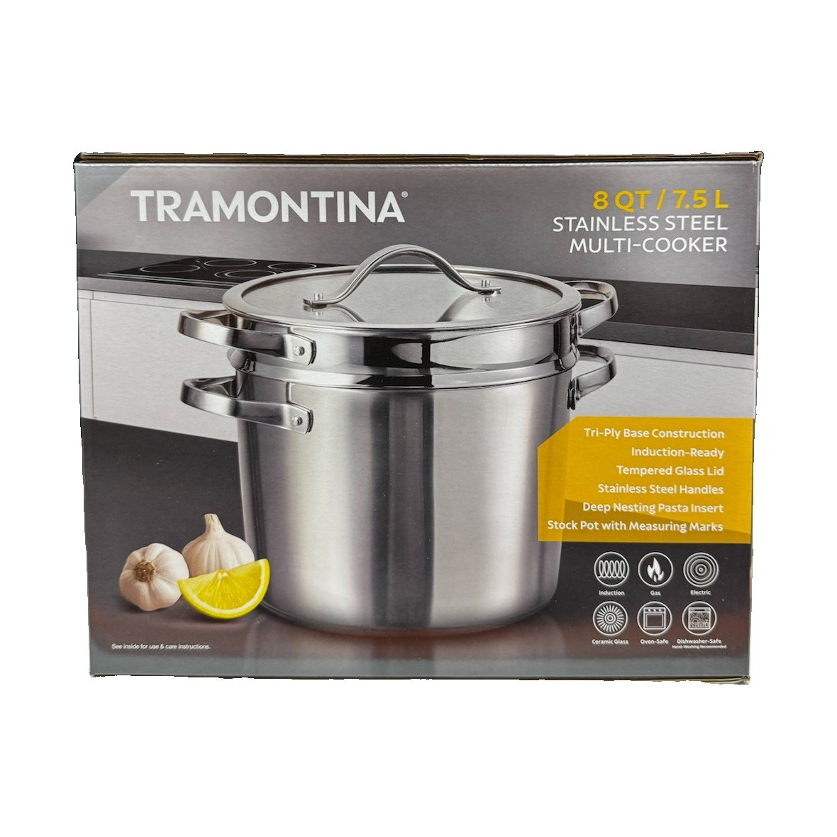 Tramontina 8 Qt/7.5L Stainless Steel Stockpot w Lid & Pasta Insert, Induction