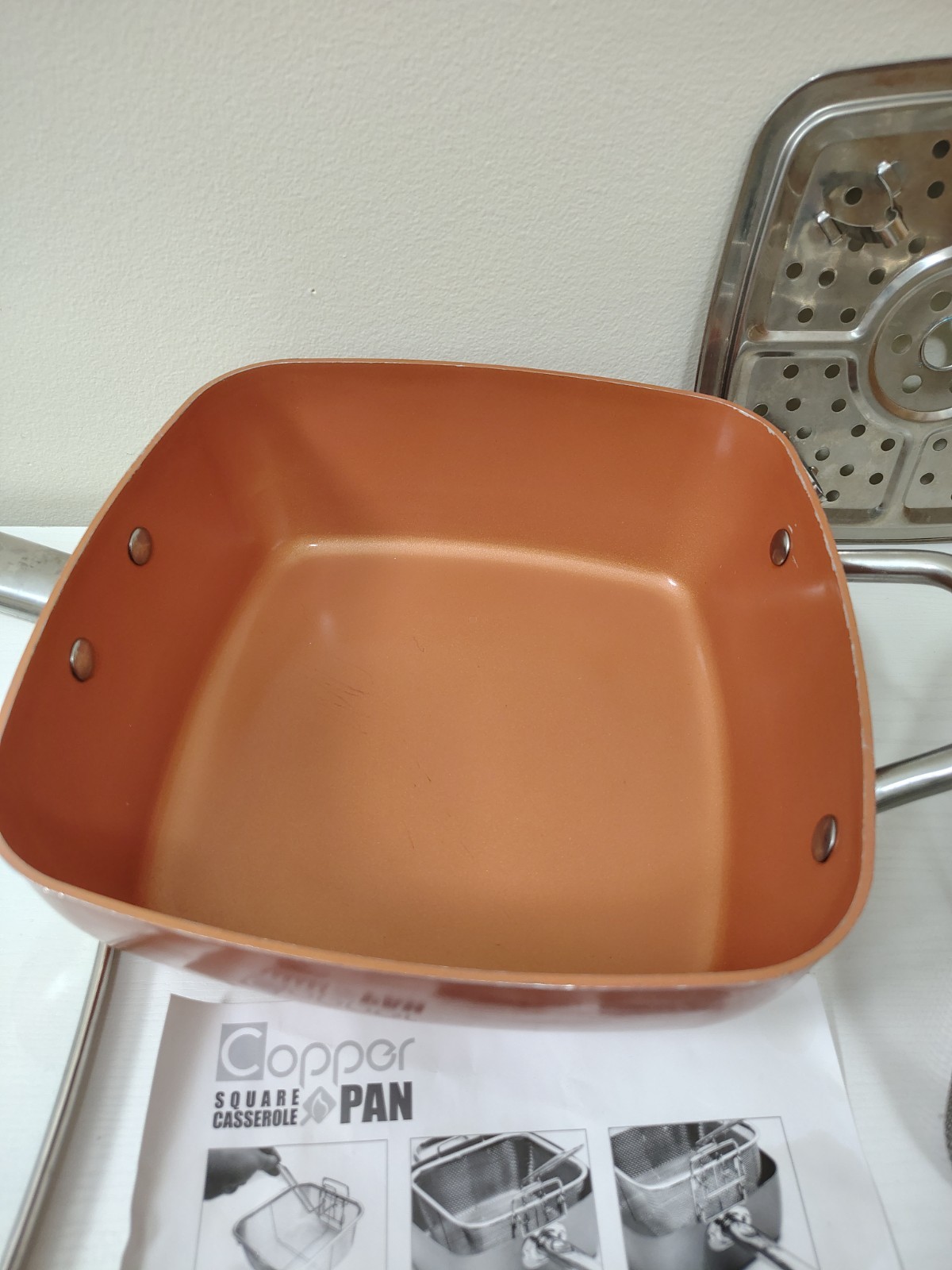 Copper Chef 9.5×9.5″ Inch Square Casserole Pan. 3.5″ Deep. w/lid, basket.
