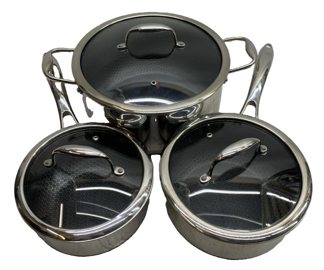 HexClad Hybrid Nonstick 6-PC Sauce Pan Pot Cookware Set 2qt 3qt 8qt w/Lid – USED