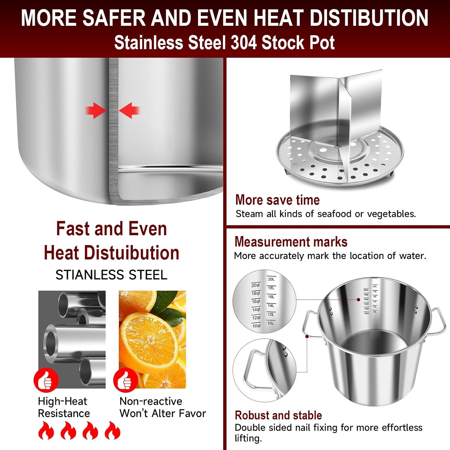 24QT Large Stainless Steel Stock Pot W/ Lid Steamer Rack & Divider Heavy Duty