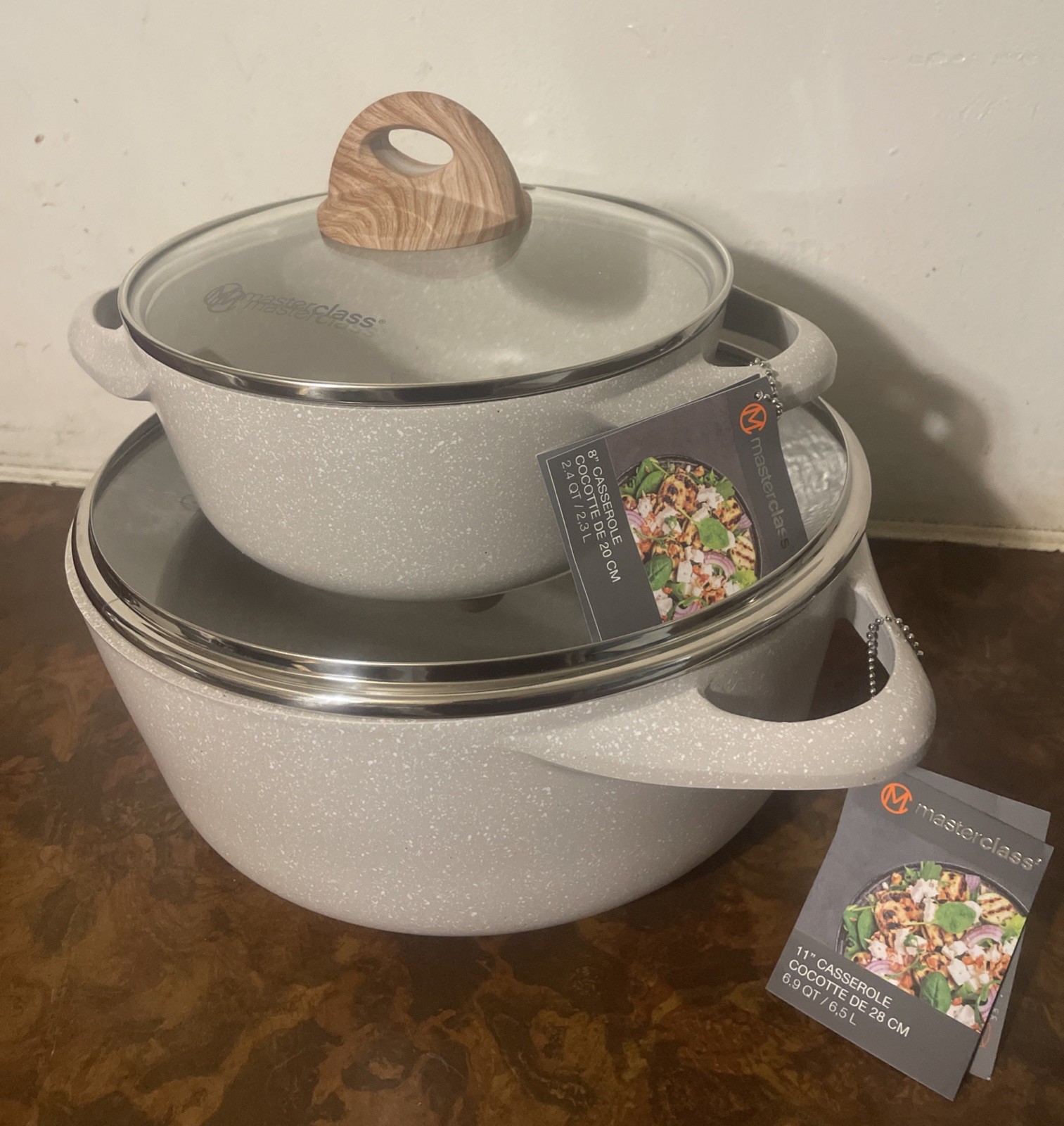 NEW! Masterclass IVORY Off-White Casserole 11″ & 8″ Pan Cookware w/ Lid 4 pc SET