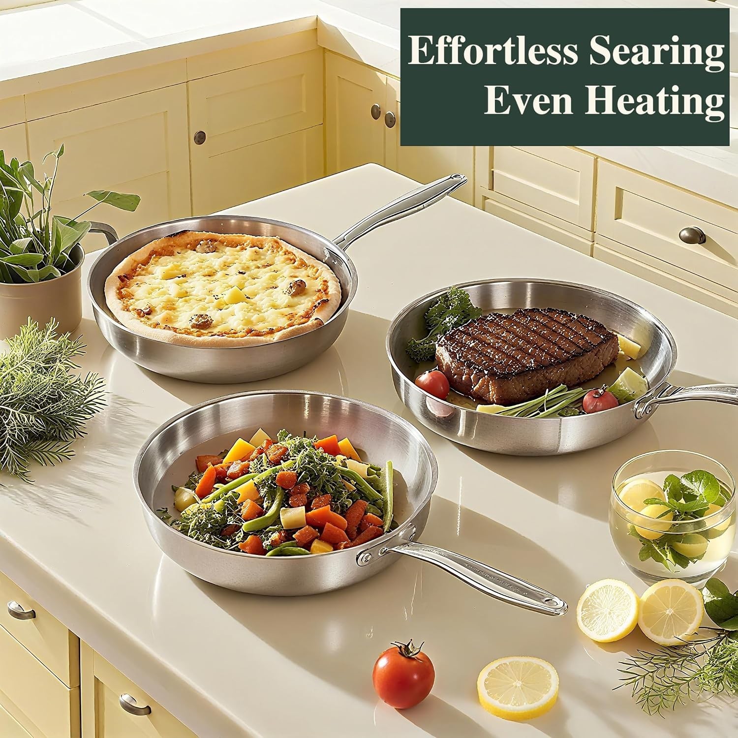 12 Inch Tri-Ply Stainless Steel Frying Pan, Frying Pan with Lid, PFOA/PTFE Fr…