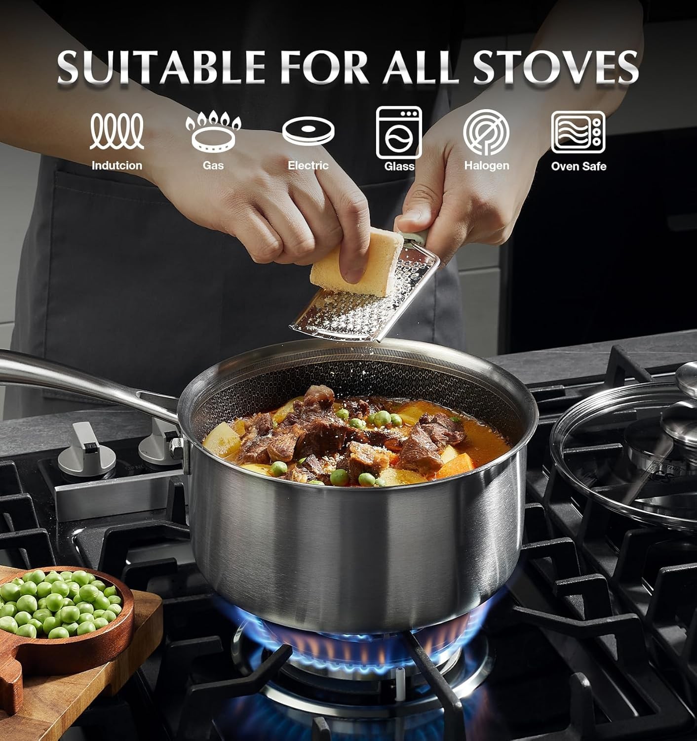 Hybrid Nonstick Stainless Steel Saucepan Set, 6-Piece Triply Stainless Steel Sau