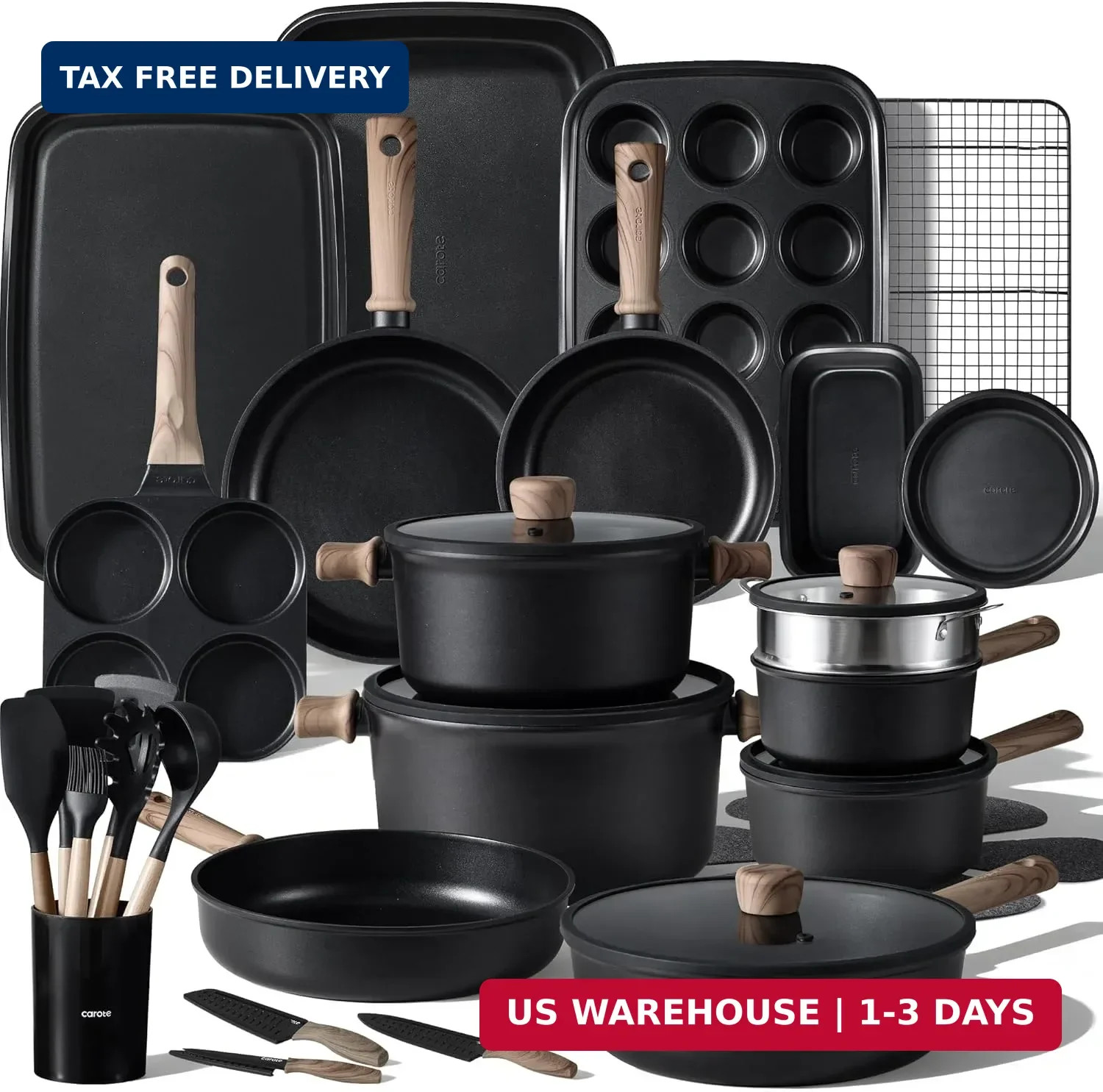 CAROTE 44pcs Nonstick Kitchen Titanium Cookware Sets, Nonstick Pots and Pans, In
