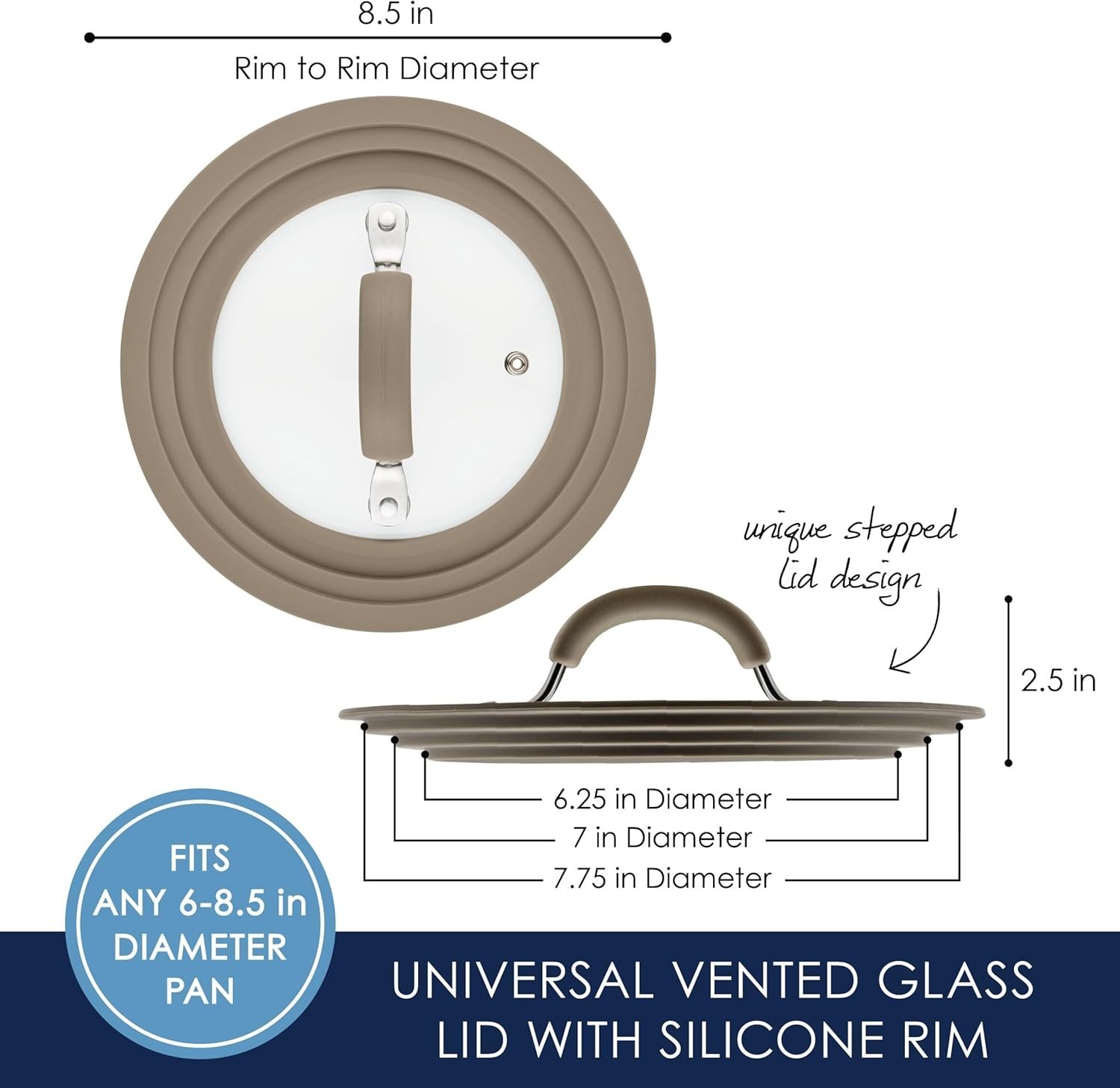 8.5″ Universal Glass Lid Silicone Rim Heat Resistant Taupe