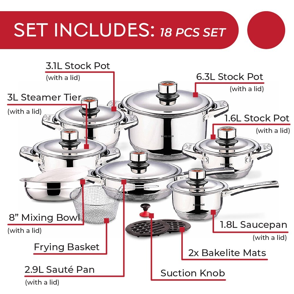 SWISS INOX 18 PCS Cookware Set. Fry Pots, Pans, Saucepan, Casserole
