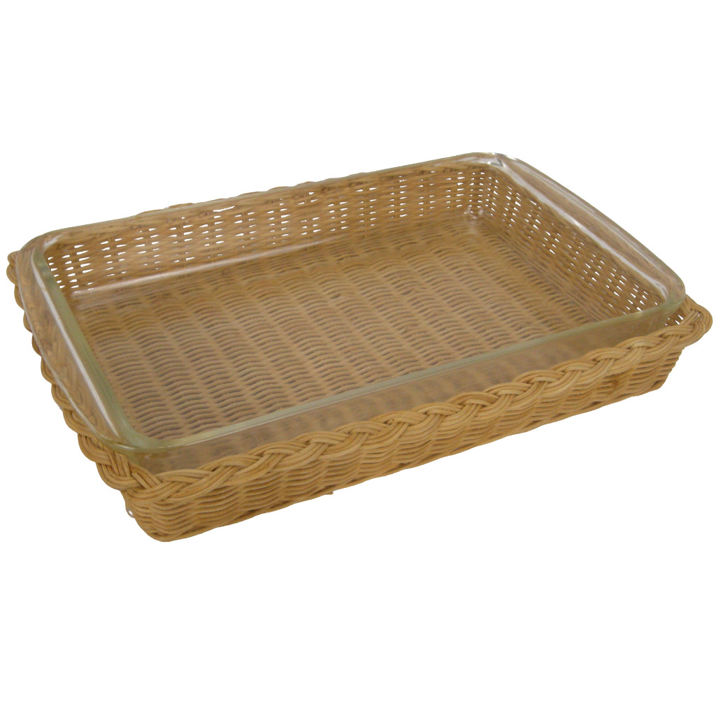 Pyrex 232 Clear Casserole Baking Dish with Wicker Basket Carrier 11.75″ x 7.5″