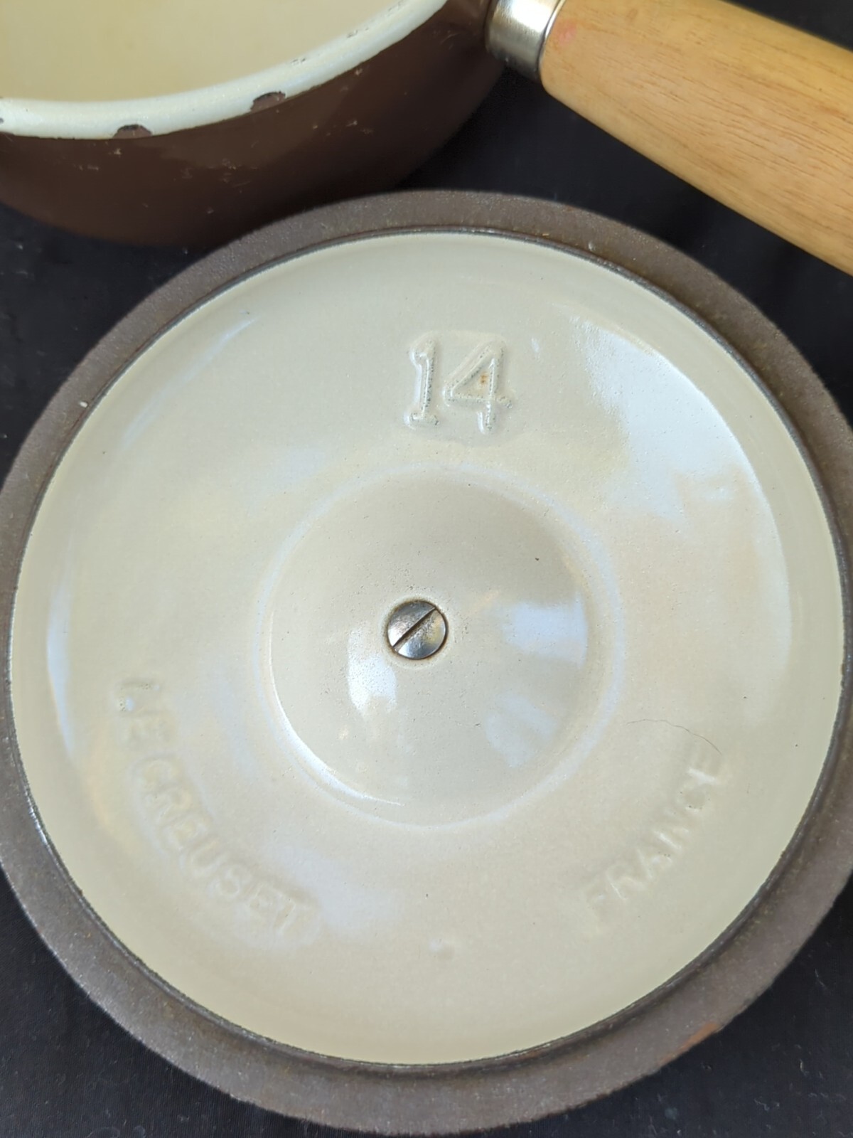 Vintage Le Creuset Enameled Cast Iron #14 Sauce Pan With Lid Wood Handle Brown
