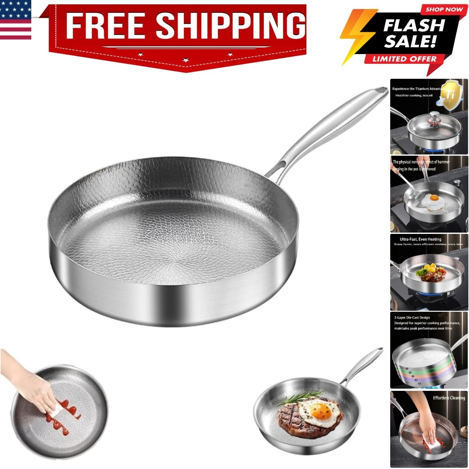 Titanium Hammered Pan Pro with Lid, Multifunctional Ultra-Durable Scratch-Res…