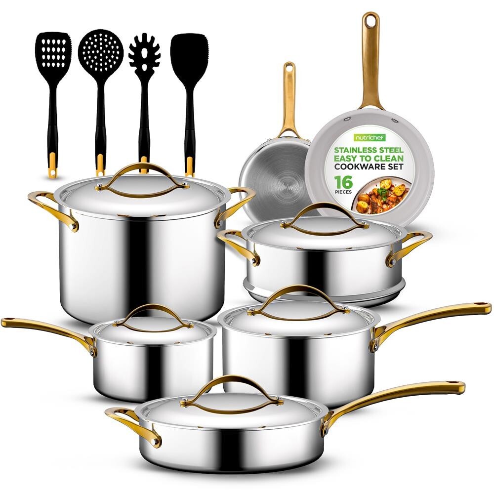 Nutrichef 16 Pcs. Kitchenware Pots & Pans Set-Clad Kitchen Cookware, Non-stick