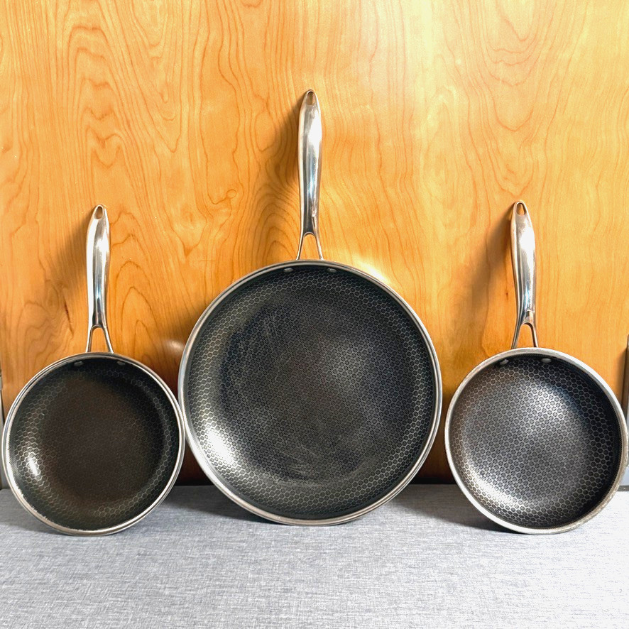 HexClad Hybrid Nonstick Fry Pan Lot 2x 8in & 1x 12in Stainless No Lids