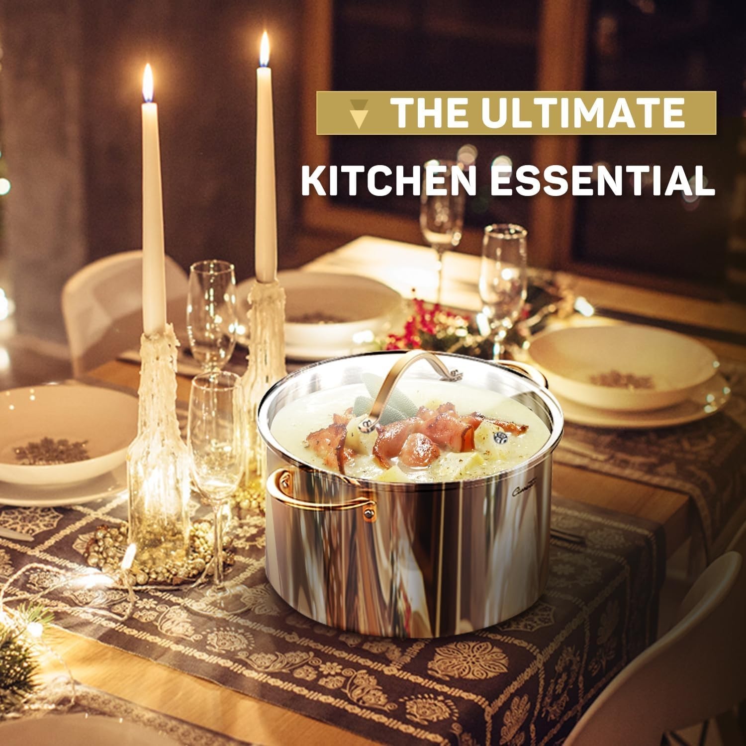 Ciwete 8QT 3-Ply stainless steel stock pot w/Lid, Induction, Gas, Oven(Open Box)