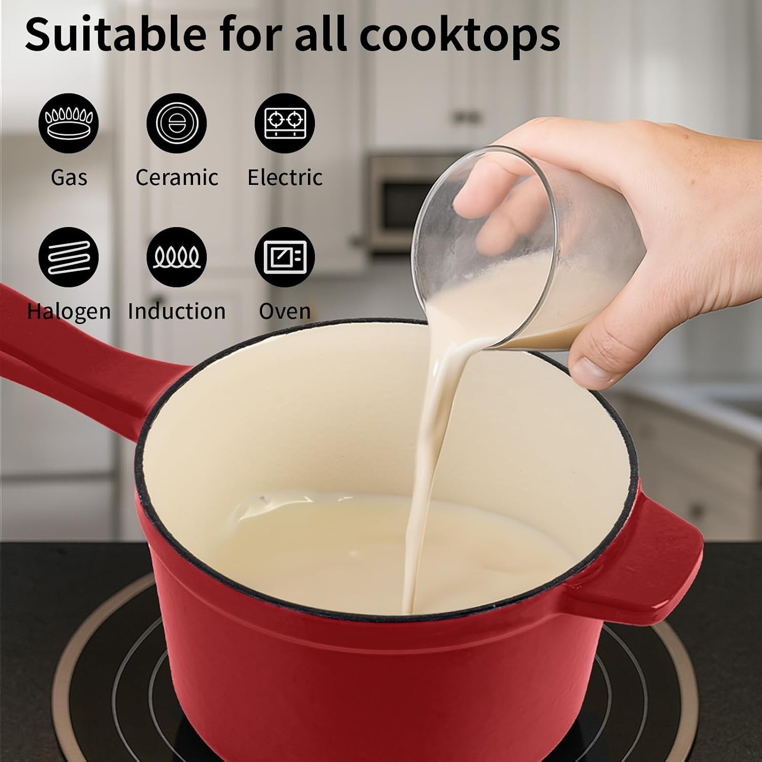 Enameled Cast Iron Sauce Pan with Lid, 1.7 Quart Saucepan with Lid, Small Dutch