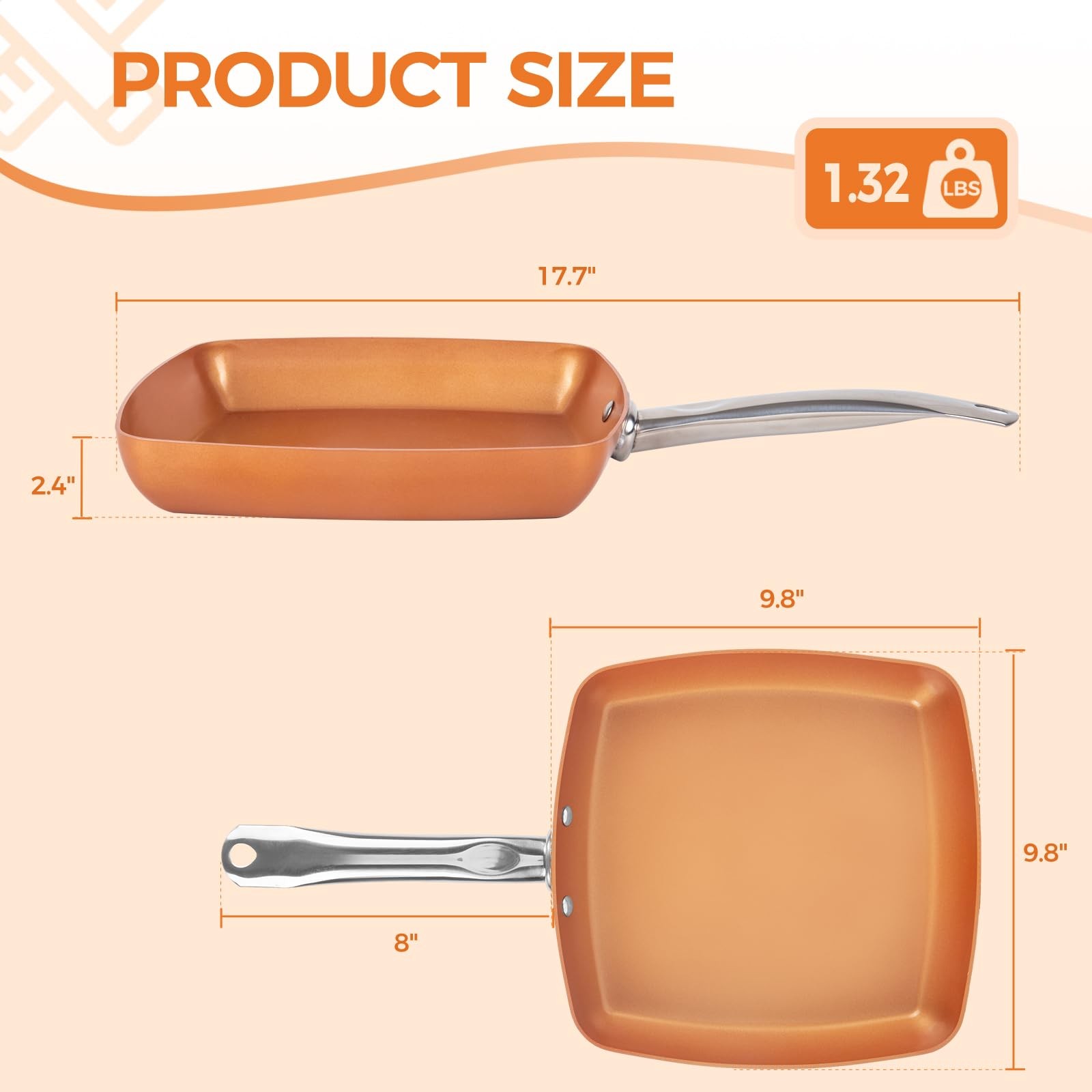 Non-Stick Copper Square Frying Pan, 9.5 Chef Skillet with Ceramic Coating, Oven