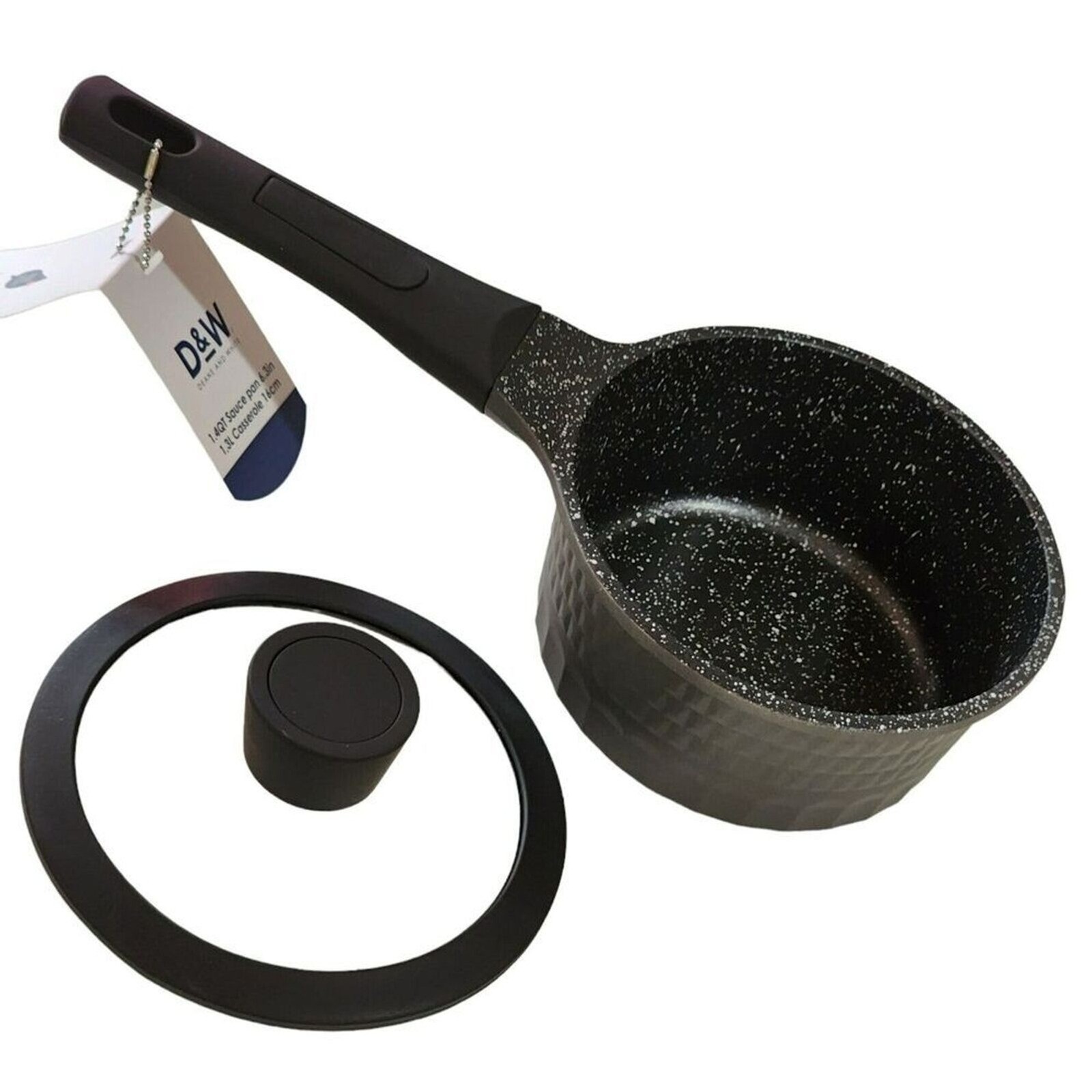 D&W Premium Cookware 6.3in Saucepan Casserole Nonstick With Lid 1.4Qt Black