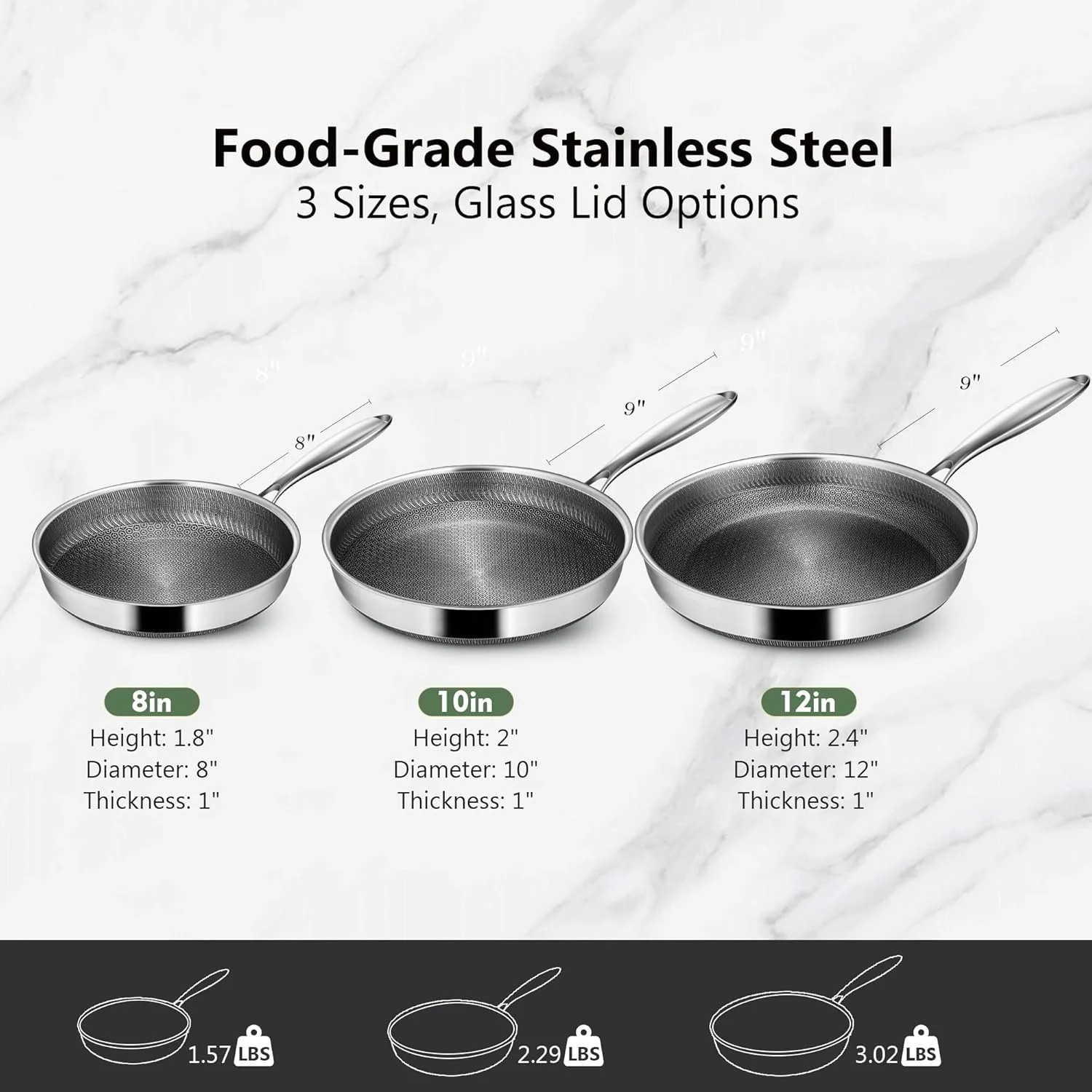 Non Stick Frying Pans, 12-inch with Lid, Hybrid Frying Pans Nonstick Stainless S