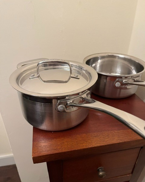 Le Creuset Stainless Steel Cookware 2 Handled Pots & 1 Lid 2 & 1.5 Qts. 3 Pieces
