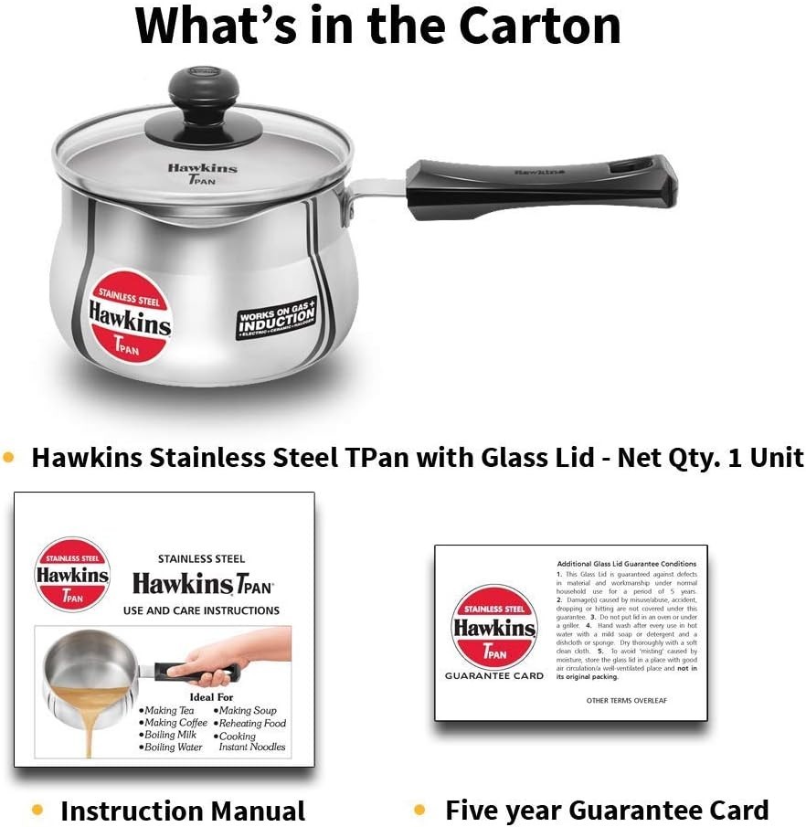 Hawkins Induction Base Stainless Steel Saucepan T Pan with Lid, 1.5 Liter