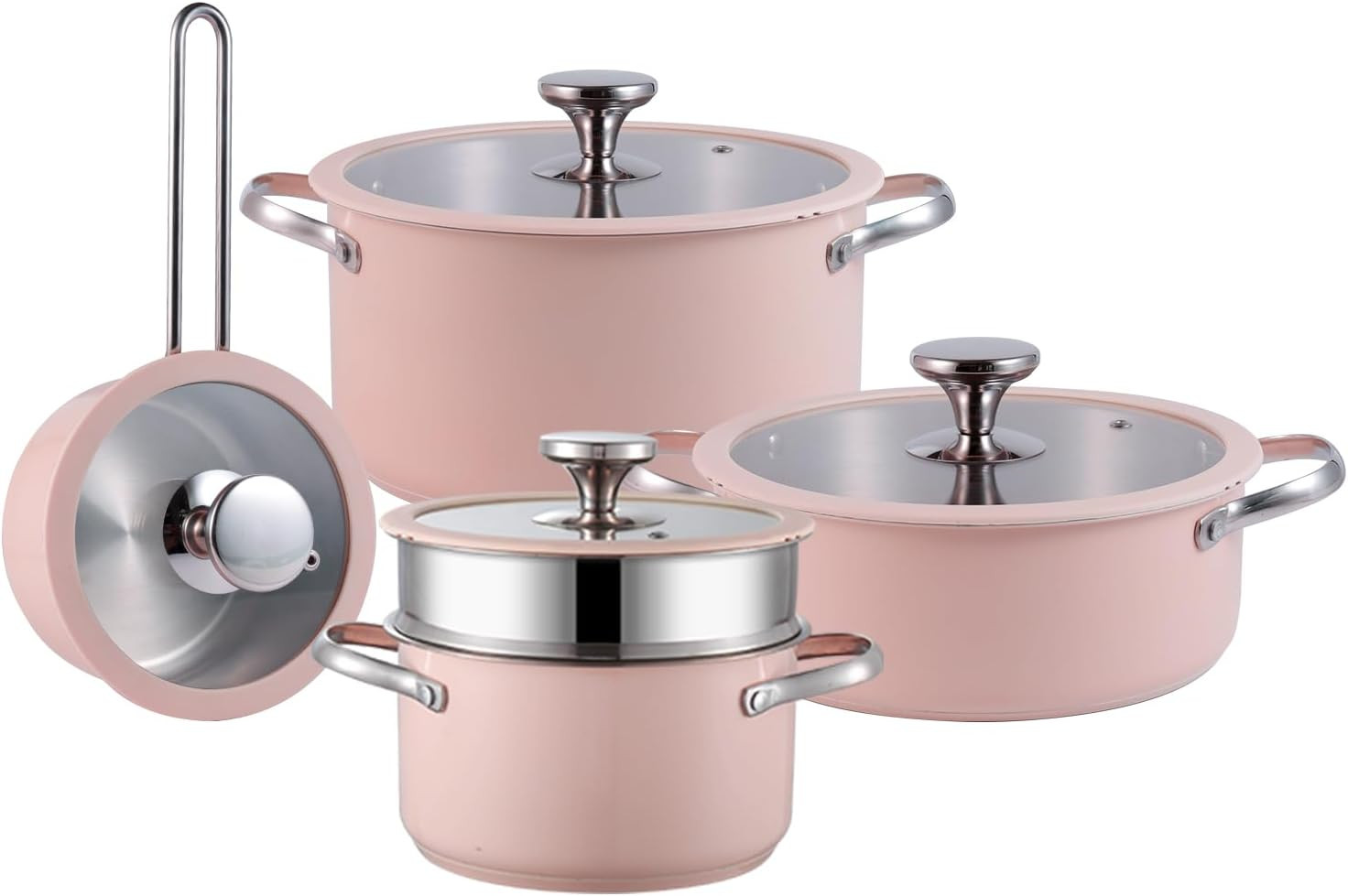 9-Piece Pink Stainless Steel Cookware Set, Induction Ready, Non-Toxic & Easy Cle